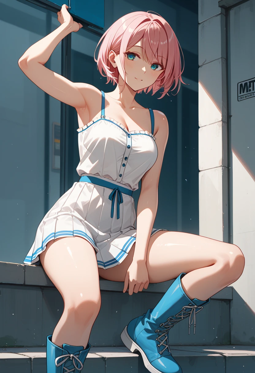 ((Pastel_colors Tank top, skirt)), skindentation, skinny, solo, 1 woman, Masterpiece, highest quality, highest quality, 16K, incredibly absurd, highly detailed, 2.5D, ai-generated, delicate and dynamic, very delicate facial expressions, delicate eye depiction, erotic, only sexy woman, ((A cute and kind face)), healthy figure, 25-year-old woman, 160cm tall, medium firm swaying bust, blush, Sweat,Embarrassed,sexy, ((thin thighs)), (Erect nipples:0.7), (visible nipples:0.5), ((shiny and lustrous)), facing straight at viewer, ((Oily_skin)), sweaty skin, dutch angle, ((sexy pose)), Dynamic poses,