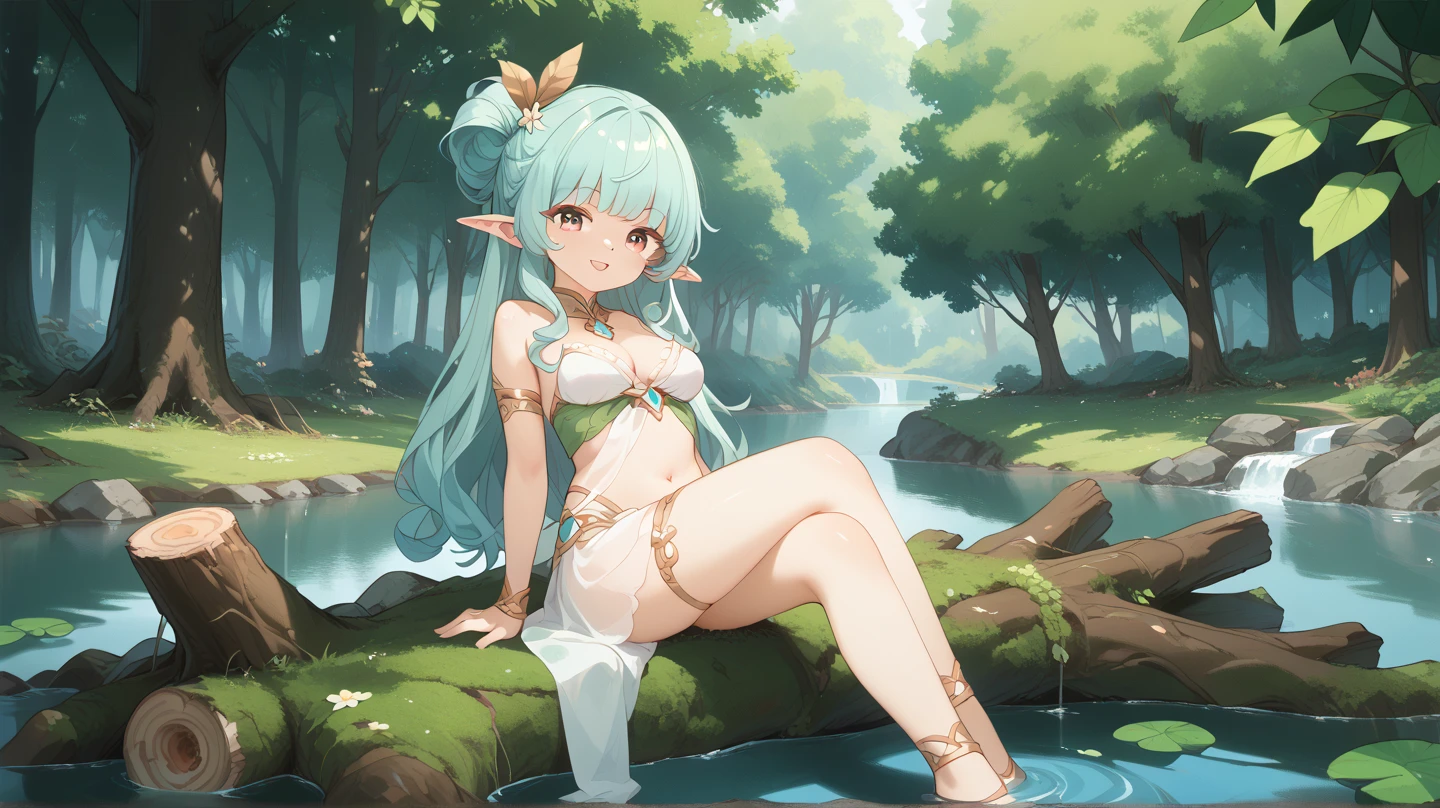 ((topless)), , nsfw, masterpiece, solo, 1 girl, erect nipples, nipples, navel, necklace, leaf skirt, fairy wings, smiling, hair ornament, bare breasts, bare stomach, sweaty, cowboy shot, small breasts, puffy nipples, texts, bare arms, collarbones, silver blonde, flower crown, smiling, petite, flat chest, closed eyes, small breasts, child, outdoors, petite, slim waist, magical forest, glowing plants, detailed eyes, beautiful eyes, lake, enchanted forest, fireflies, long hair, night, moonlight, mouth closed, elf ears, wet, taking a bath, lake