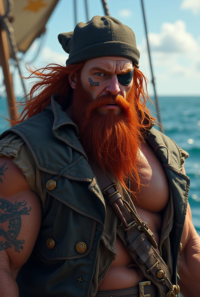 Create two characters with the following characteristics:
One 54 years old, big chest with hair and big nipples, strong legs, a pirate captain
The second character is 44 years old, big and strong, thick legs, will be on his back showing his beautiful ass and tattoo covering the other character who is his boyfriend