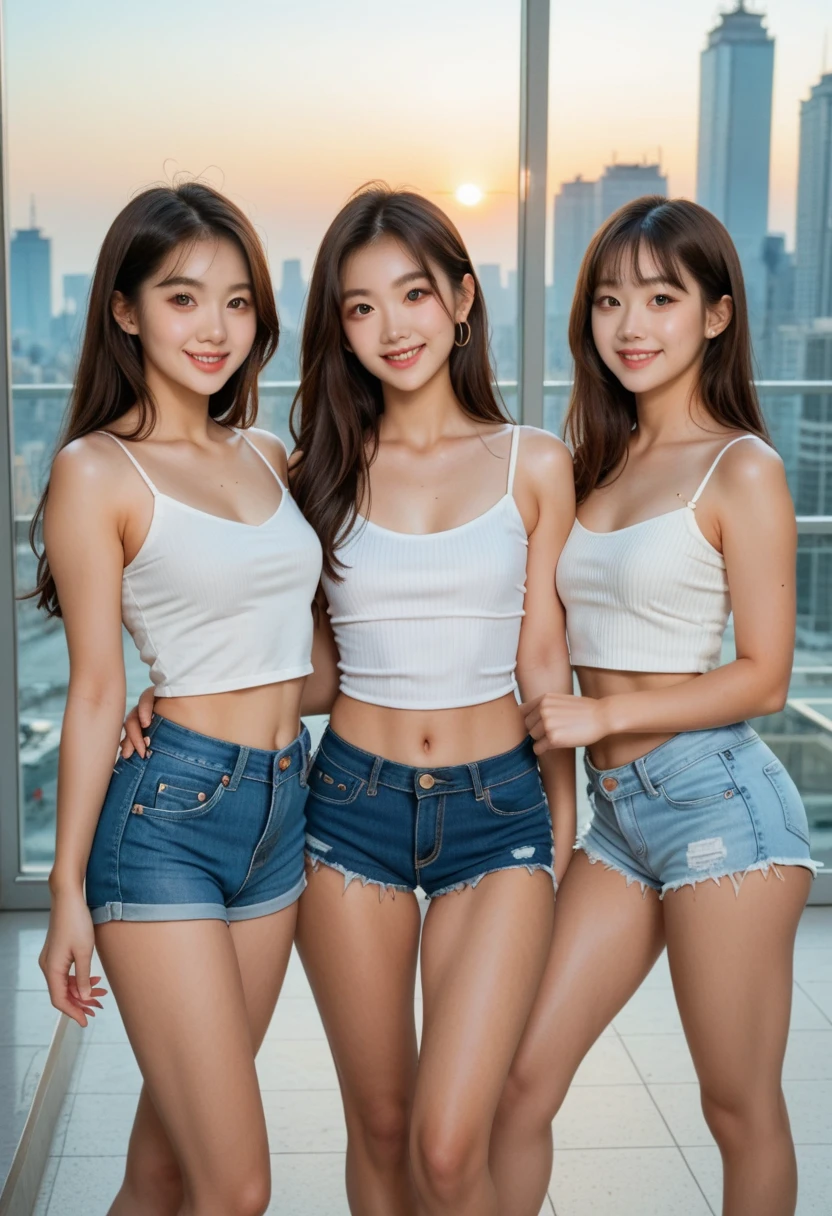 Stunning three Sweet Cutie. photorealistic girls. standing full body, eyes, blue eyes, in a work as a secretarty, skinny,  in ass, girl friend, mini shorts, real Cute face, smiling