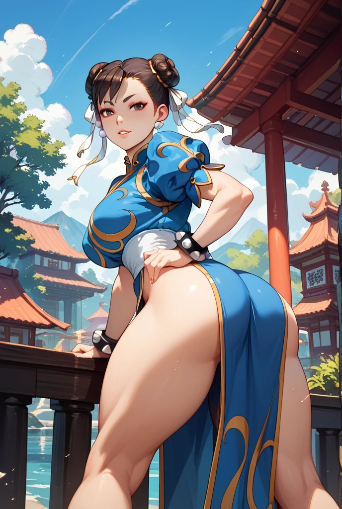 score_9,score_8_up,score_7_up,Super detailed,long legs,
black hair,1girl,solo,(((red background))),sitting on rock,,ruanyi0541,blue bodysuit,chinese clothes,spiked bracelet,(((((((chunli on her back sticking her ass out)))))).