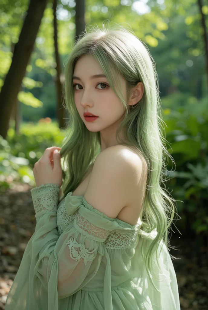 <lora:bralessSD15_v1_00094:1>, braless, nsfw, (extremely detailed CG unity 8k wallpaper),(masterpiece), (best quality), (ultra-detailed), (best illustration),(best shadow), (an extremely delicate and beautiful), dynamic angle, floating, finely detail, (bloom), (shine), glinting stars, (classic),(illustration),(painting),(sketch),beautiful face, extremely_beautiful_detailed_anime_face,Beautiful detailed girl, (andetailedorgandiedress),cape,light_green_hair,very_long_hair,small_chest,extremely delicate and beautiful girls,beautiful detailed eyes,dishevelled hair,Hazy fog, mist, (forest),feather,nature,(sunlight), fairyland,, A beautiful young woman with Korean-style facial features resembling a popular actress.