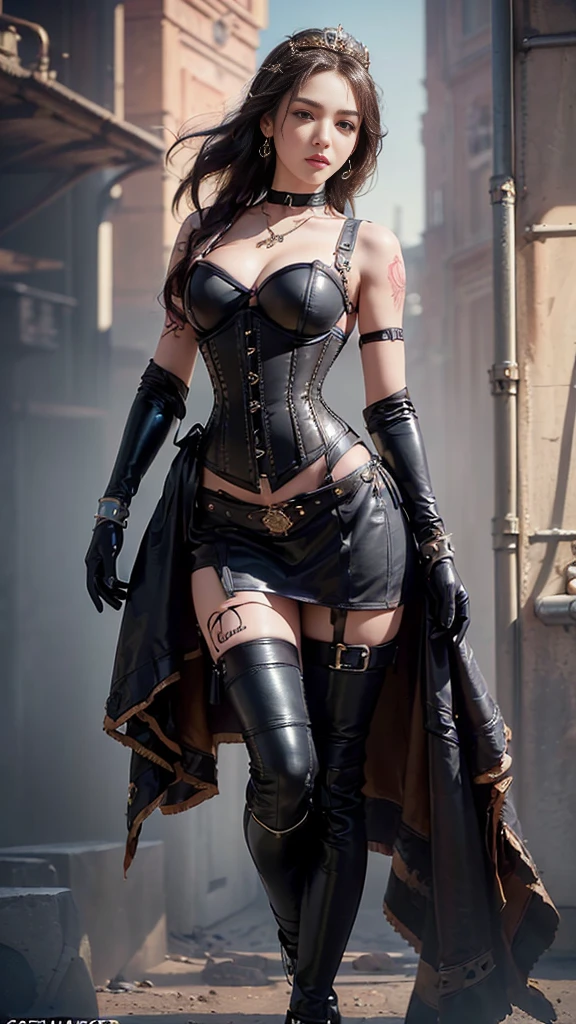 Em um mundo de fantasia steampunk, uma mulher com um estilo punk a vapor assume o centro do palco enquanto caminha por uma rua intrigante. She is dressed in a flawless black leather outfit adorned with gleaming metallic accents, que a destacam na paisagem. Its accessories are a work of art in itself, with stylized aviator glasses, luvas de renda, and knee-high boots that echo the retro-futuristic aesthetic of steampunk.

Seus cabelos longos e escuros caem graciosamente sobre seus ombros, acentuado por destaques coloridos que adicionam um toque de rebeldia ao seu visual. Her eyes look at the camera with a confident and defiant expression, Revealing the determination that drives her in this intriguing world.

The scenery around it is a street adorned with giant gears, steam pipes and peculiar mechanical structures. The atmosphere is saturated with copper and bronze tones, Creating an authentic and captivating steampunk scene.

In this extraordinary setting, Our protagonist embodies the fusion between the elegance and style of steampunk and the bold attitude of punk. Feel inspired to create an image that captures this unique and mysterious fusion."