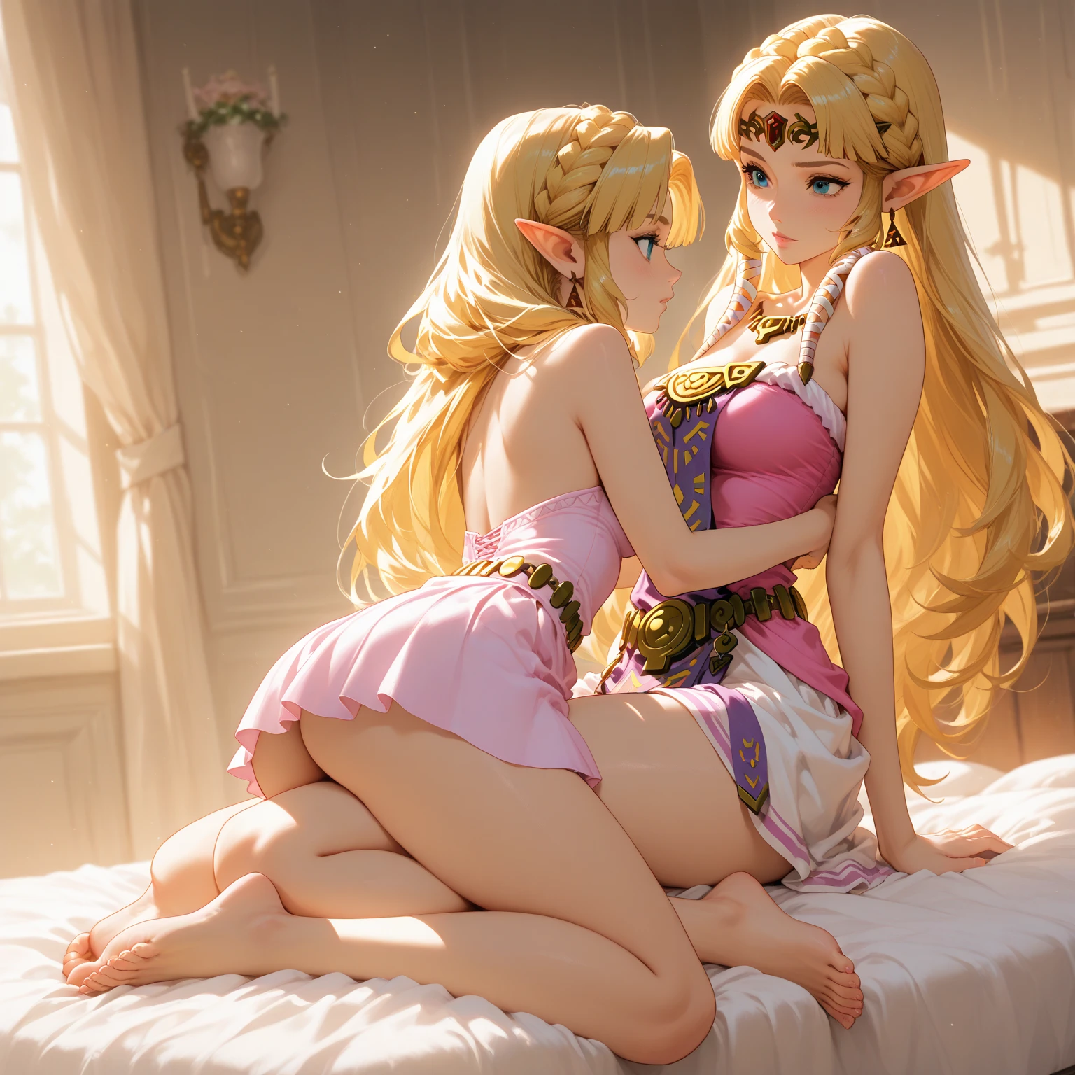 princess zelda, 2 women, one of them blonde very long hair, the other ponytail, blue eyes, one of them wearing a sexy pink dress with side slit, one of them wearing a blue bikini, ultrasharp, looking at the viewer, ((best quality)), ((masterpiece)), (detailed), perfect face, big breast, sexy body, sexy woman on top of her, hugged, An anime scene of two women hugging and kissing intensely, touching chest, as they lie down in pool of water
