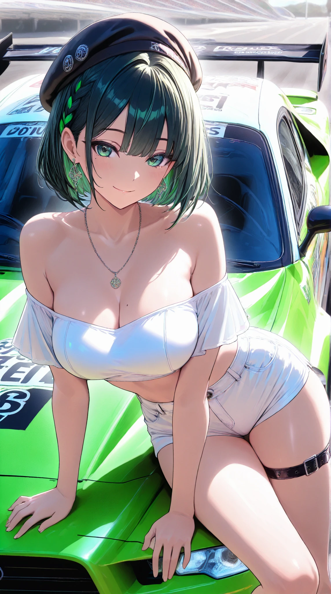 1girl, large breasts, breasts, thick thighs, wide hips, green hair, very short hair, short hair, yellow eyes, bikini, black bikini, neon trim, green neon trim, smile, smirk, smug, futuristic, science-fiction, tech, shoes, sneakers, green neon trim, green trim, v-string, race queen, car, sports car, sport car, motor vehicle