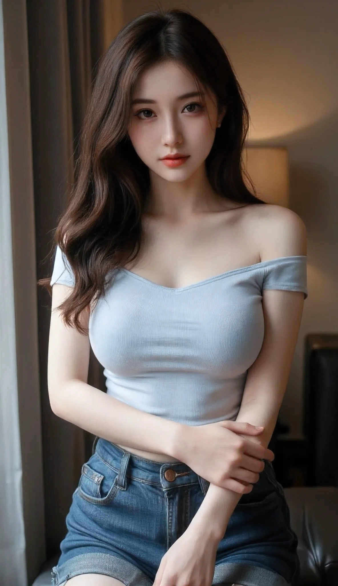 
Long wavy hair, wearing an off-the-shoulder light blue top, paired with blue jeans, casual pose with hands gently clasped, smooth skin with subtle lighting, indoor setting with soft shadows and warm atmosphere, medium shot with front view, well-balanced exposure for an intimate and relaxed scene.