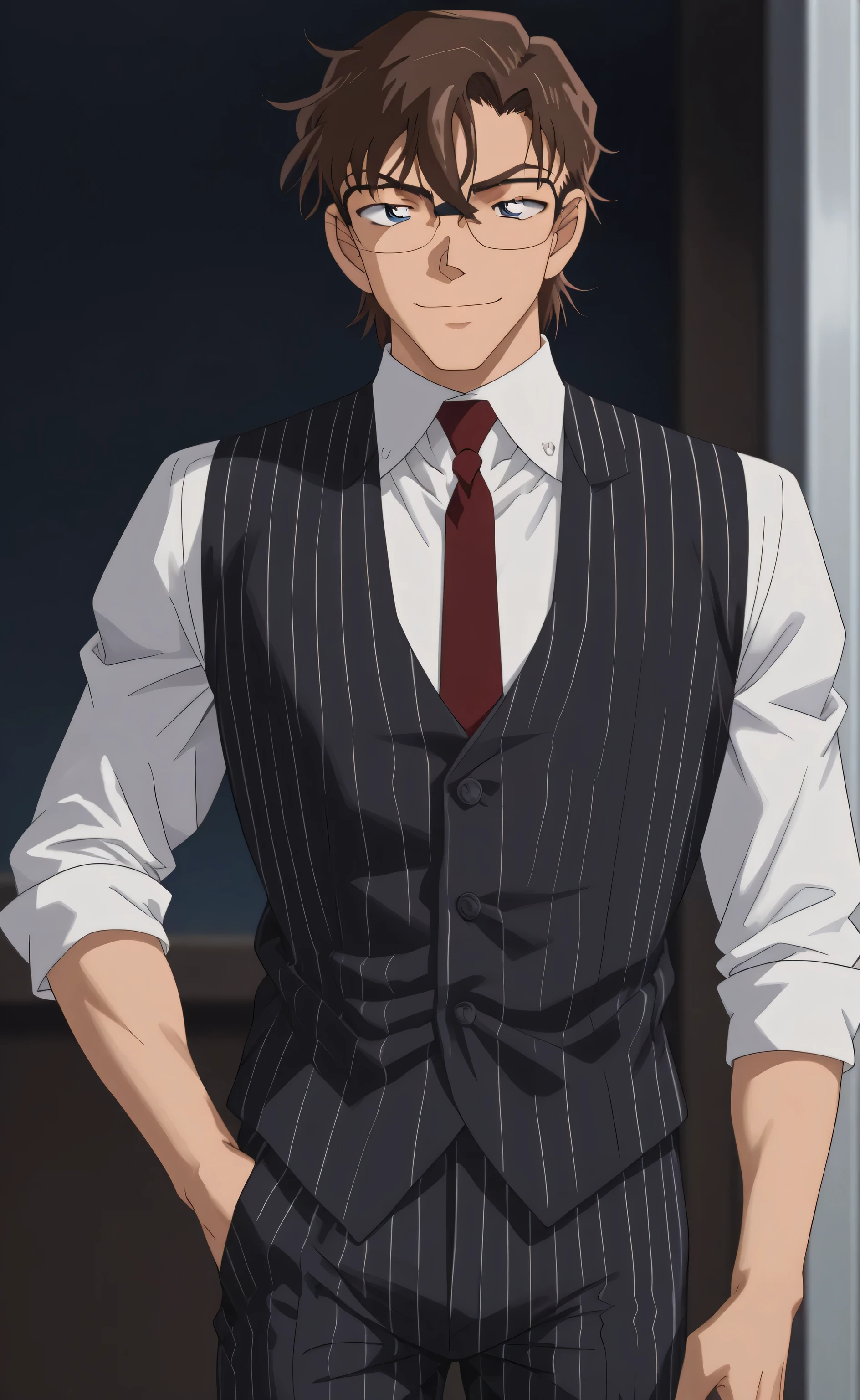 1male,solo,Aizen Sōsuke,brown hair,medium hair,hair between eye,bang,opaque glasses,blue eyes,fake smile,cool face,black pinstripe suit,white shir,red necktie,black pinstripe vest,black pinstripe pants, big muscle,