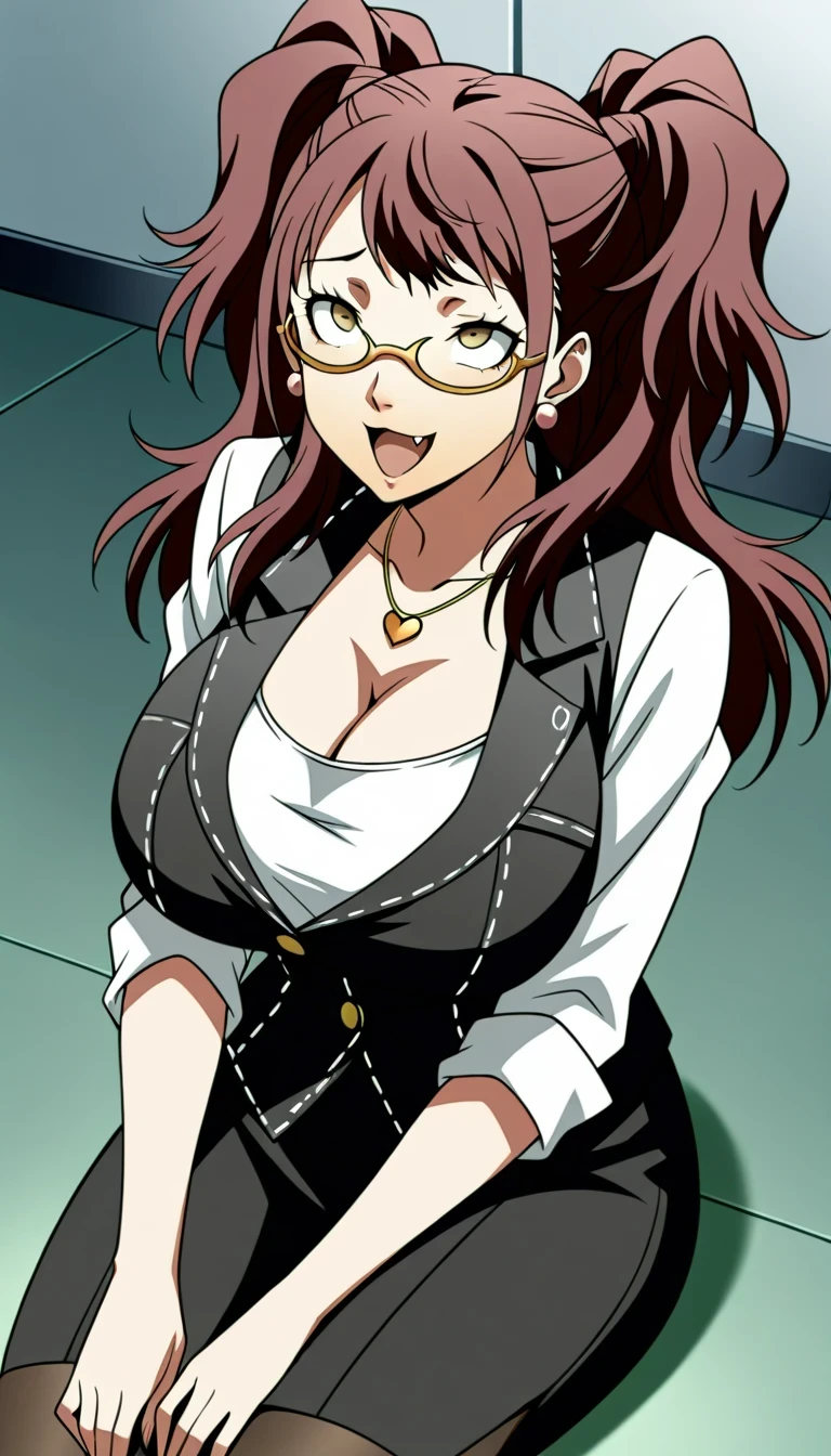 (masterwork, masterpiece, best quality, hyper-detailed),
1 girl, solo, 
p4rise, kujikawa rise, twintails, long hair, brown hair, earrings
p4rise-sumcas, heart necklace, 
,open mouth,fang,1girl, solo, slight smile, office lady, office room, indoors, professional light, dutch angle, gigantic breasts,bursting breasts,wear nerd glasses,ahegao face and rolling eyes,sit on the floor,view from above