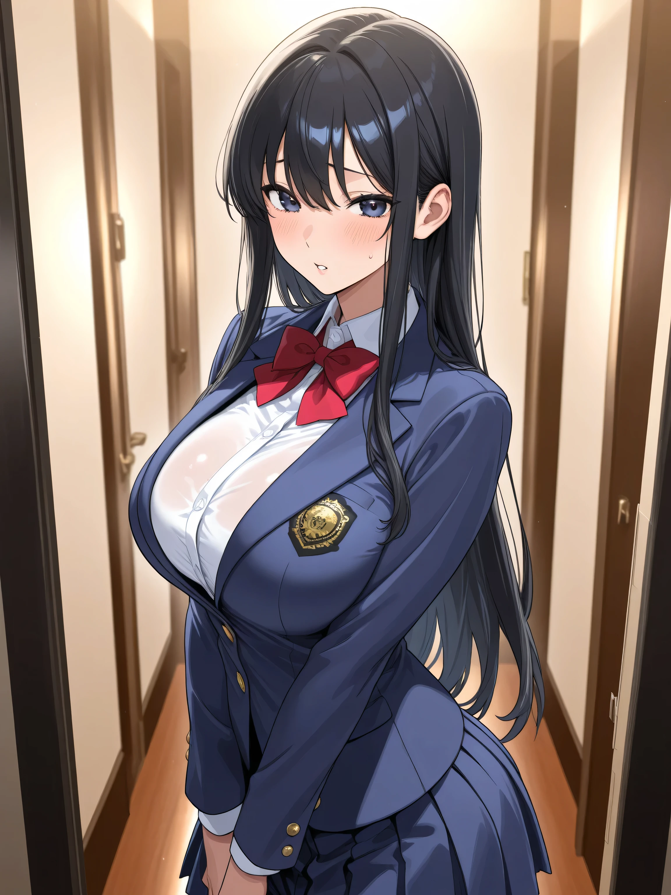 (Take a picture of the girl in front:1.5)、long shot、facing the front、 look at the girl from the front、A room in a hotel、long black hair、high school girl、 navy blue blazer、red bow tie、big ass、Big Breasts、puzzled expression、expression feeling pleasure、イキ顔、ahe face、best image quality、mastepeice