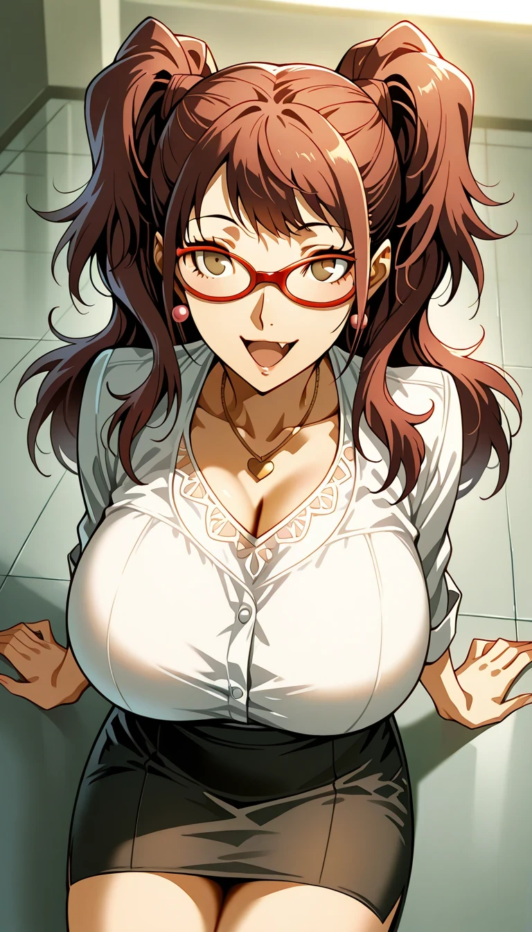 (masterwork, masterpiece, best quality, hyper-detailed),
1 girl, solo,
p4rise, kujikawa rise, twintails, long hair, brown hair, earrings
p4rise-sumcas, heart necklace,
,open mouth,fang,1girl, solo, slight smile, office lady, office room, indoors, professional light, dutch angle, gigantic breasts,bursting breasts,wear nerd glasses,sit on the floor,view from above
