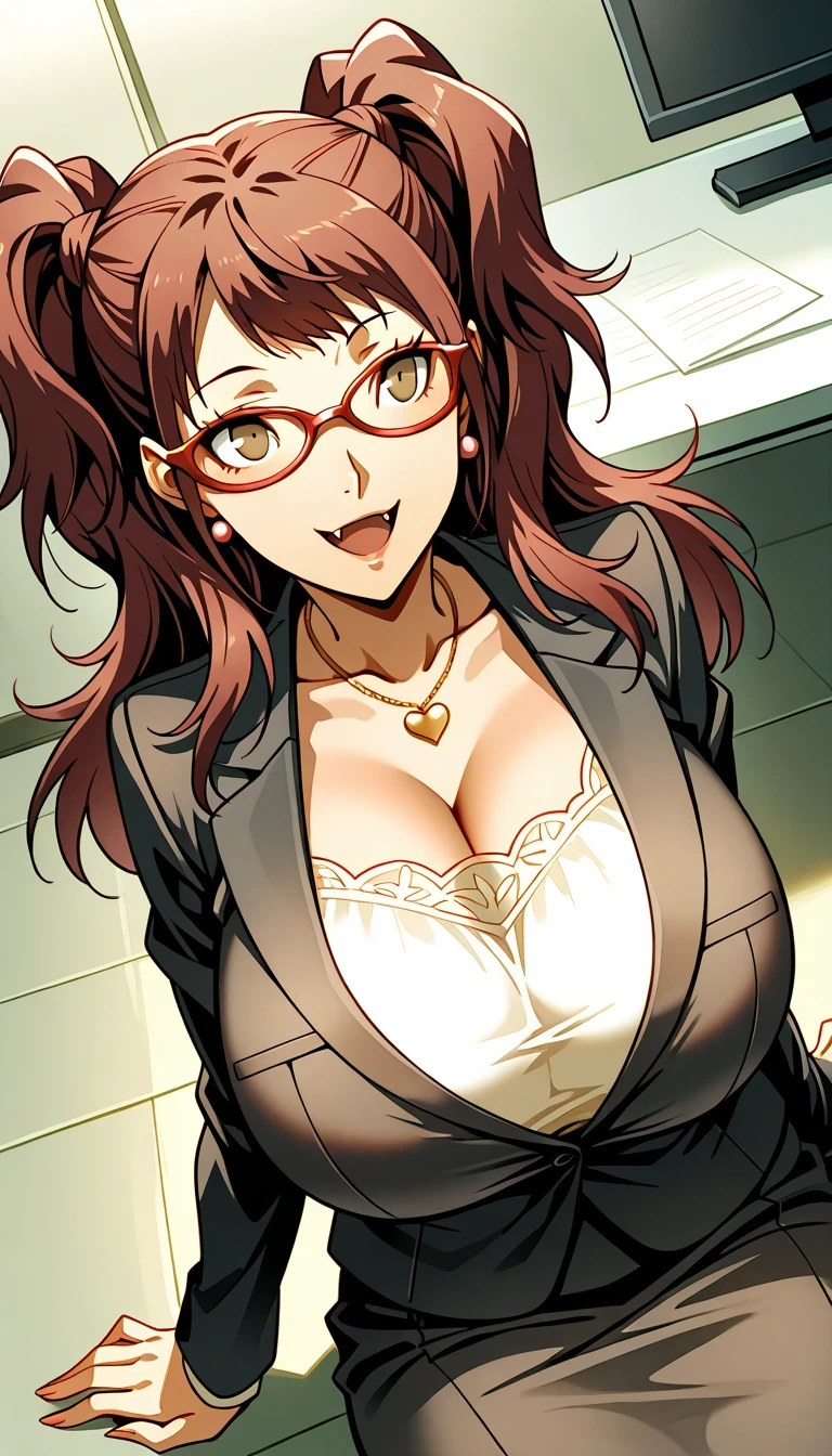 (masterwork, masterpiece, best quality, hyper-detailed),
1 girl, solo, 
p4rise, kujikawa rise, twintails, long hair, brown hair, earrings
p4rise-sumcas, heart necklace, 
,open mouth,fang,1girl, solo, slight smile, office lady, office room, indoors, professional light, dutch angle, gigantic breasts,bursting breasts,wear nerd glasses,sit on the floor,view from above
