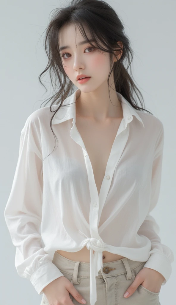 Tall girl with hair,Delicate facial features,Slim and well-proportioned,Wear a white see-through shirt blouse with open chest,Check messages at your desk,A handsome side appears between the hairs。
