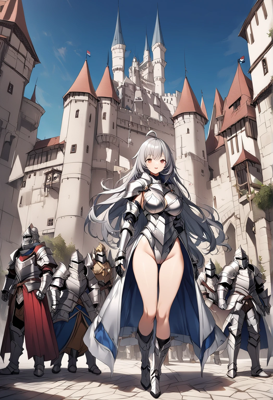 Woman knight、a beauty girl、huge tit、Excellent style、Nice Buddy、glamorous、leotard、s Armor、Bra chest armor、knee boots、gauntlets、hair adornments、silber hair、Longhaire、Ahoge、a medieval castle、is standing、full body seen、Outside the castle、natta、a smile、slightly open mouth