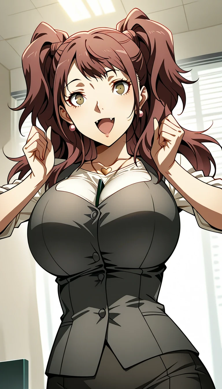 (masterwork, masterpiece, best quality, hyper-detailed),
1 girl, solo,
p4rise, kujikawa rise, twintails, long hair, brown hair, earrings
p4rise-sumcas, heart necklace,
,open mouth,fang,1girl, solo, slight smile, office lady, office room, indoors, professional light, dutch angle, gigantic breasts,bursting breasts,wear nerd glassesr,view from below,dynamic angle,pen between breasts,sexy pose