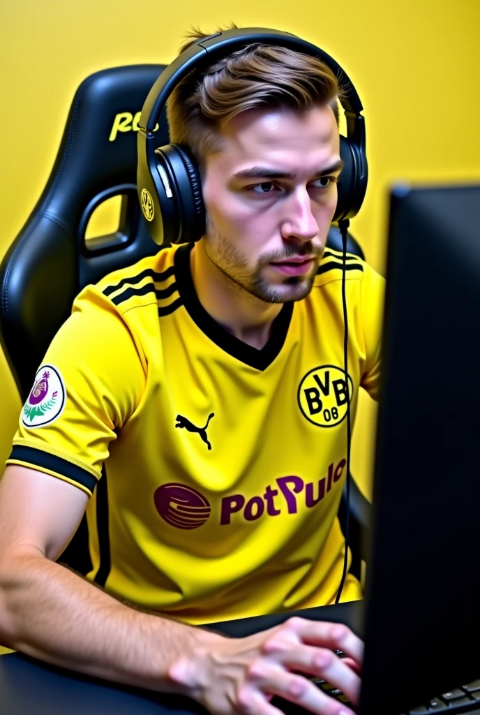 Personne assis sur une chaise de gamer avec un maillot du bayer Leverkusen et avec une manette de Xbox et écrit sur son maillot Reavy Sunshine Gaming