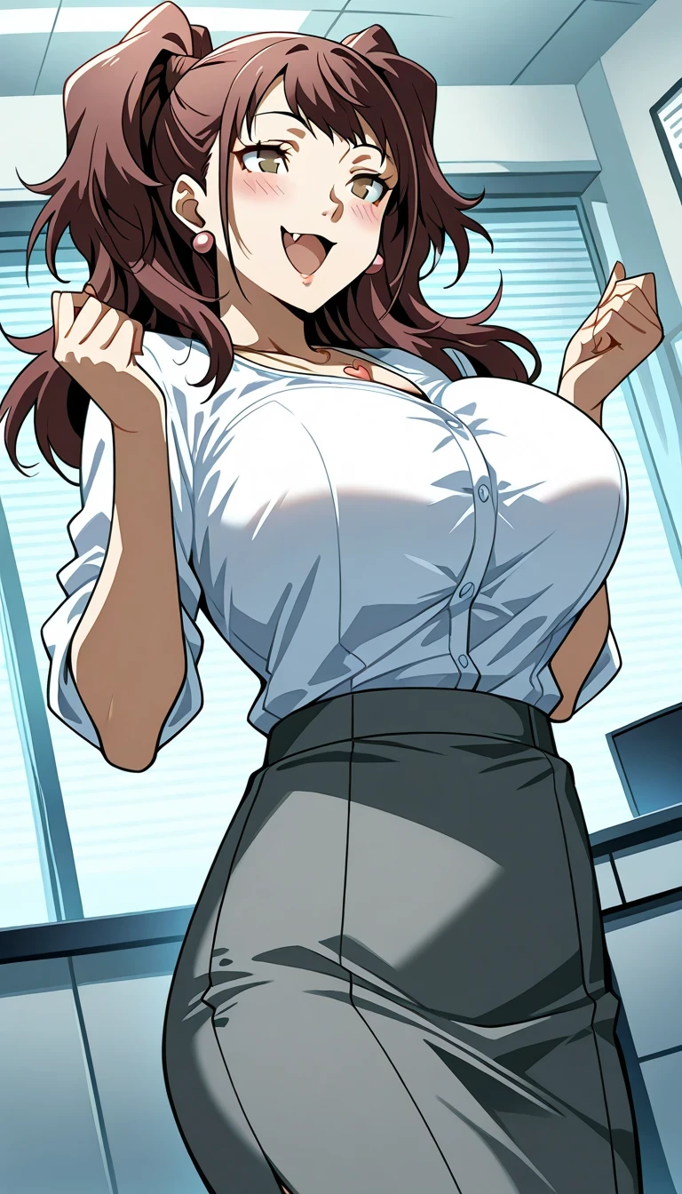 (masterwork, masterpiece, best quality, hyper-detailed),
1 girl, solo,
p4rise, kujikawa rise, twintails, long hair, brown hair, earrings
p4rise-sumcas, heart necklace,
,open mouth,fang,1girl, solo, slight smile, office lady, office room, indoors, professional light, dutch angle, gigantic breasts,bursting breasts,wear nerd glassesr,view from below,dynamic angle,pen between breasts,sexy pose,smug smile,blush