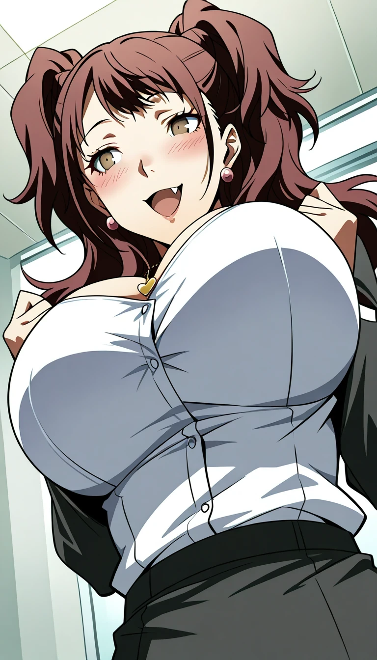 (masterwork, masterpiece, best quality, hyper-detailed),
1 girl, solo,
p4rise, kujikawa rise, twintails, long hair, brown hair, earrings
p4rise-sumcas, heart necklace,
,open mouth,fang,1girl, solo, slight smile, office lady, office room, indoors, professional light, dutch angle, gigantic breasts,bursting breasts,wear nerd glassesr,view from below,dynamic angle,pen between breasts,sexy pose,smug smile,blush