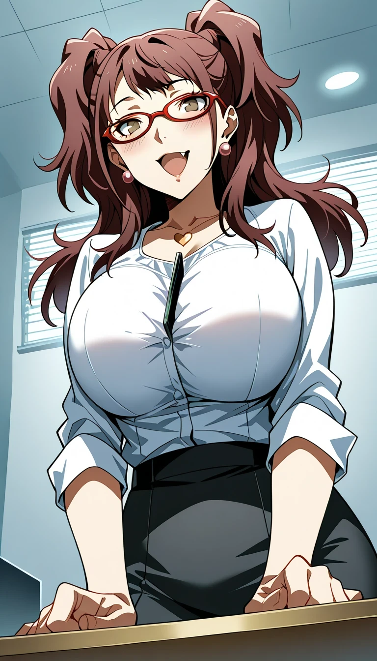 (masterwork, masterpiece, best quality, hyper-detailed),
1 girl, solo,
p4rise, kujikawa rise, twintails, long hair, brown hair, earrings
p4rise-sumcas, heart necklace,
,open mouth,fang,1girl, solo, slight smile, office lady, office room, indoors, professional light, dutch angle, gigantic breasts,bursting breasts,wear nerd glassesr,view from below,dynamic angle,pen between breasts,sexy pose,smug smile,blush