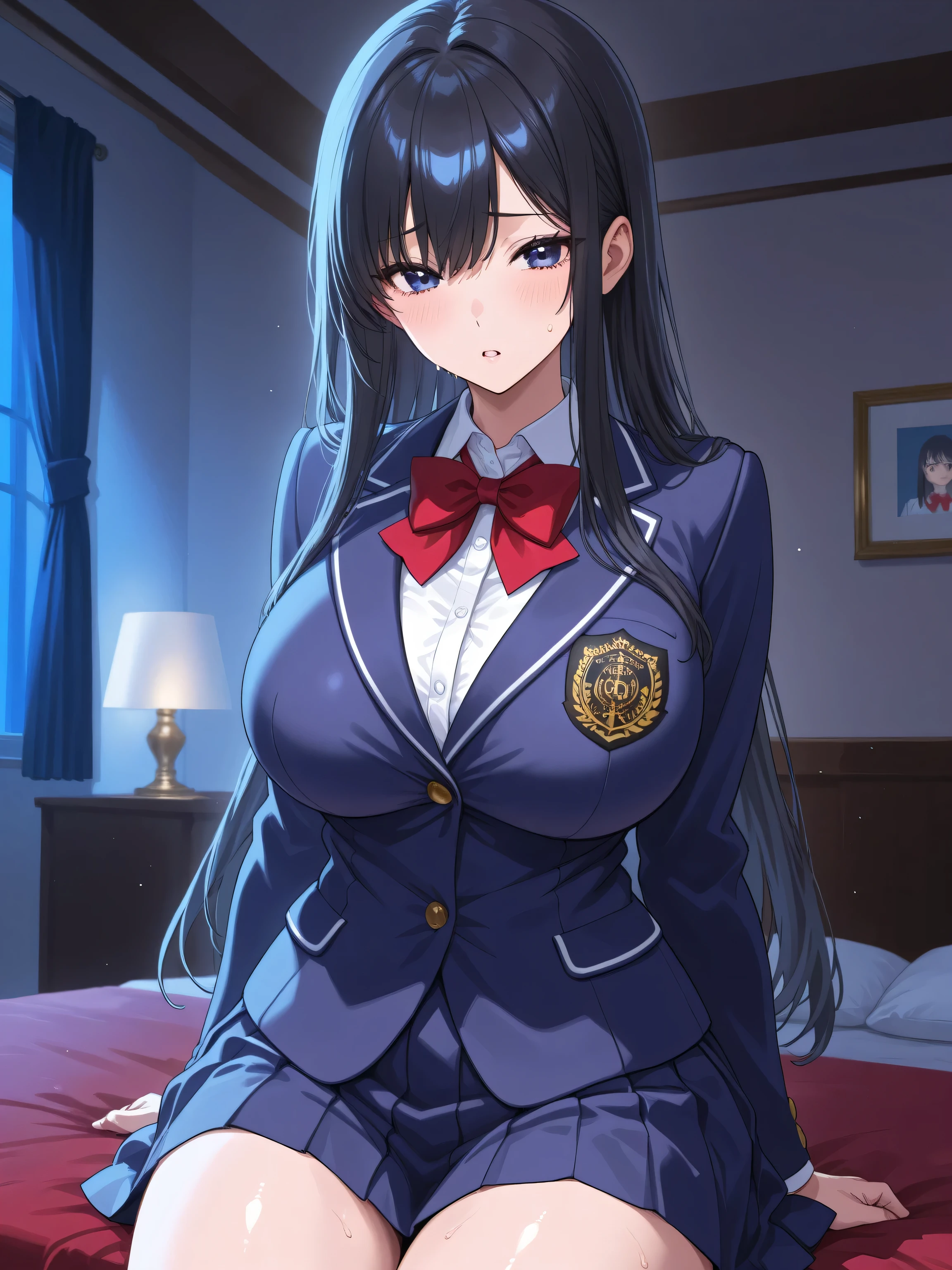 (Take a picture of the girl in front:1.5)、 and stay a little bit away、facing the front、 look at the girl from the front、A room in a hotel、night、long black hair、high school girl、 navy blue blazer、red bow tie、big ass、Big Breasts、puzzled expression、expression feeling pleasure、イキ顔、ahe face、best image quality、mastepeice