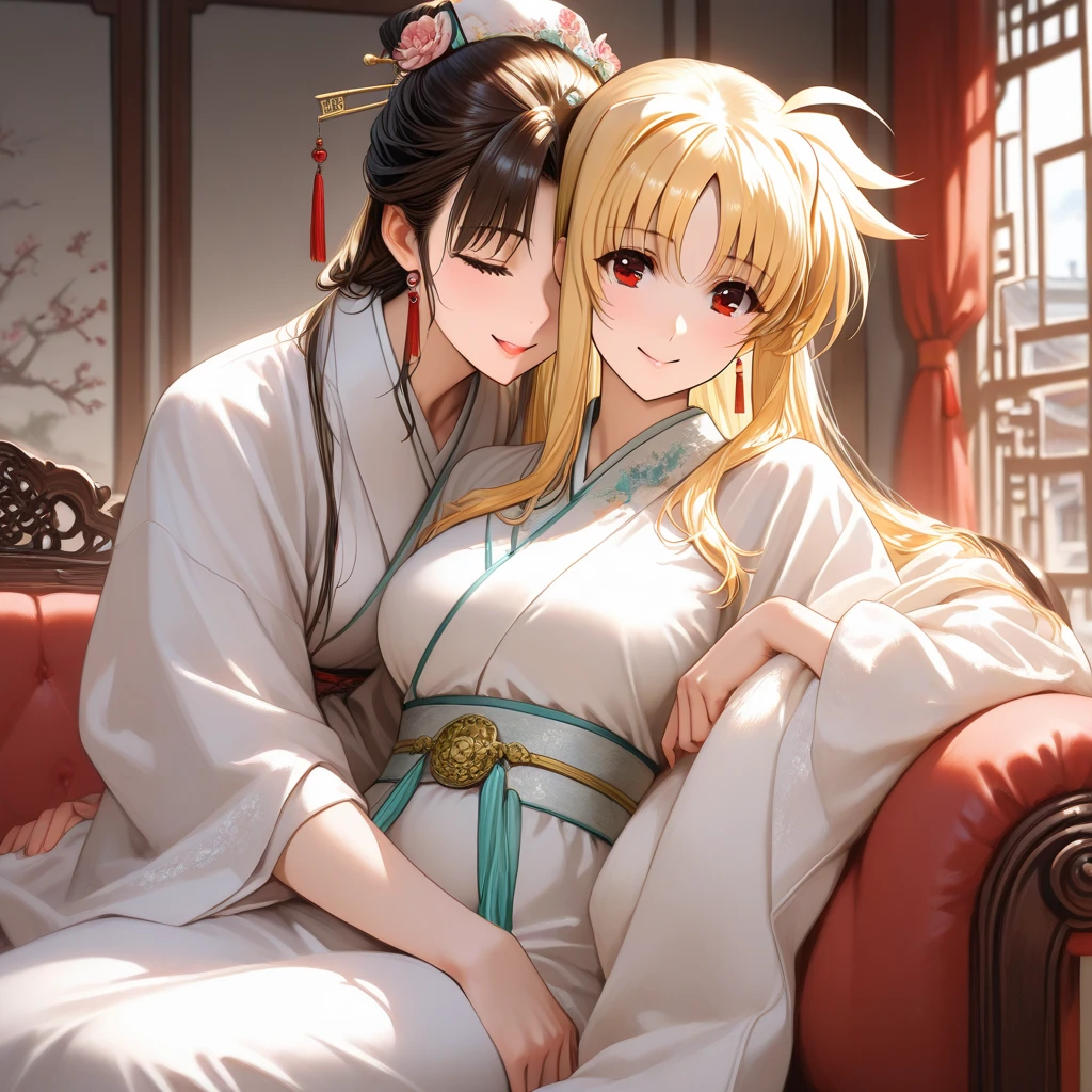 ((Highest quality)), ((masterpiece)), (detailed), (Perfect Face)、The woman is a Tieryu with green eyes, medium-long blonde hair, wearing a red ancient Chinese court costume and a gorgeous hair ornament.、The woman is an ancient Chinese empress and is embracing her husband, the ancient Chinese emperor.
