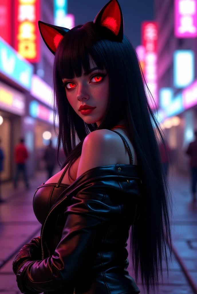 Female character with long black hair and bangs, cat ears, red and black clothing, a mean face, and black eyes.