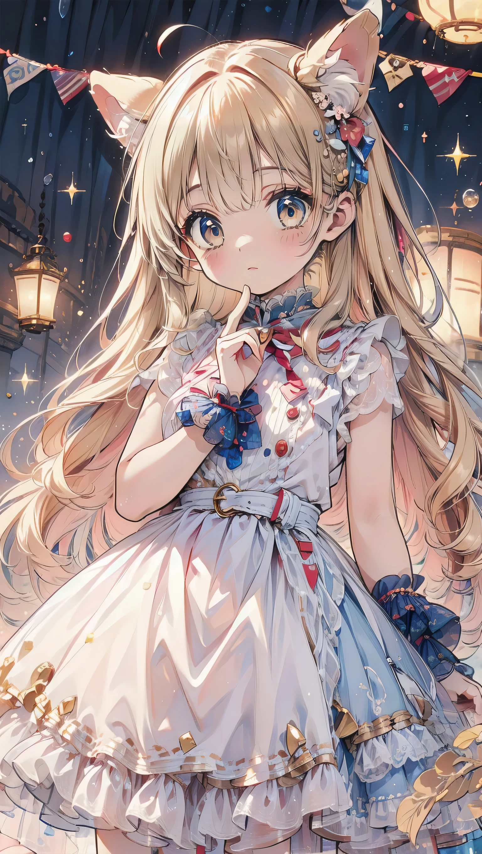 Dots are、明るいピンクの頬、she has chin-length, curly, golden blonde hair with wavy bangs.、she'dark-skinned girl, she is wearing a bright red headband with a ribbon on the right side of her head.. Dots are、she wears a shiny pastel blue and scarlet red dress with a small ribbon belt around her waist。, white collar, 4 crimson buttons, Bright red lining. sheのドレスの下には赤と淡いブルーのチュールスカートがある.. she also、Red top with white socks、she is wearing carnation pink high-top sneakers with bright red shoelaces, Shine; glitter, NSFW,