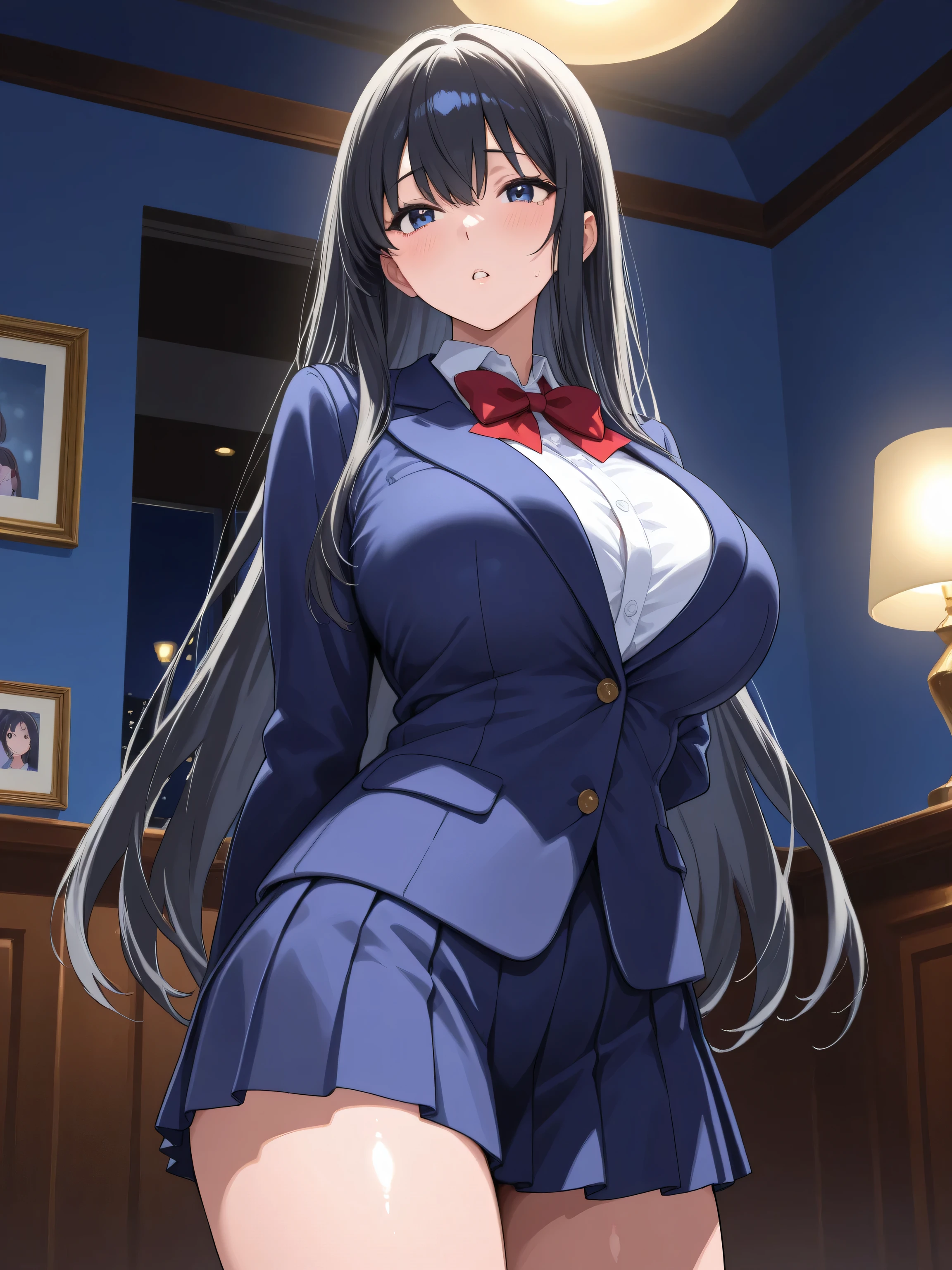 (Take a picture of the girl in front:1.5）、 and stay a little bit away、facing the front、 look at the girl from the front、A room in a hotel、night、long black hair、high school girl、 navy blue blazer、red bow tie、big ass、Big Breasts、puzzled expression、expression feeling pleasure、イキ顔、ahe face、best image quality、mastepeice