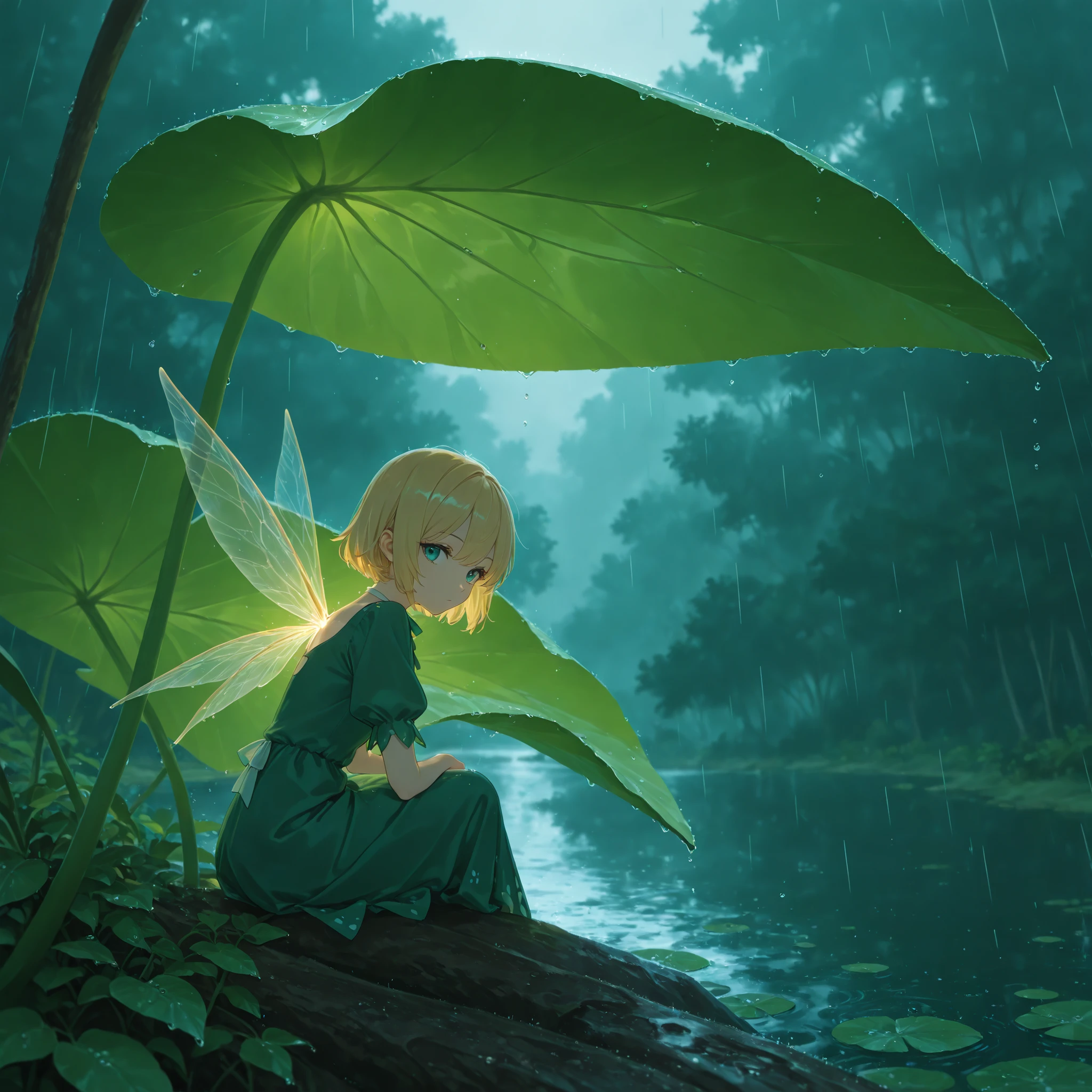 masterpiece, best quality, good quality, PEAnimeBG, Background, anime, scenery, safe, 1girl, solo, blonde hair, short hair, leaf umbrella, (minigirl, fairy wings), green dress, rain, sitting, lake, looking at viewer (close-up:1.2), from side