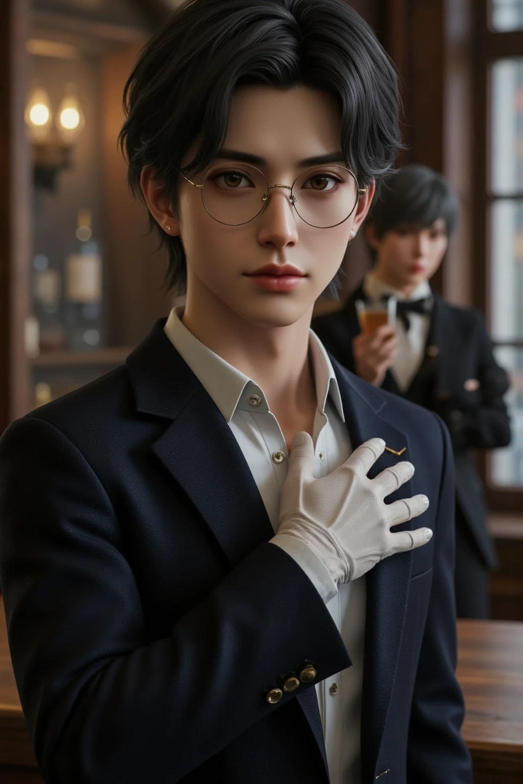 , (masterpiece:1.2), best quality,midjourney,
gloves, necktie, multiple boys, male focus, black gloves, jacket, black hair, shirt, black jacket, short hair, formal, sitting, pen, chair, solo focus, looking at viewer, long sleeves, red necktie, indoors, suit, closed mouth, bangs, paper, glasses, smile, window, collared shirt, holding, jewelry, hair over one eye, vest, watch, blue eyes, black shirt, desk
 <lora:midjourney_20230624181825:1>