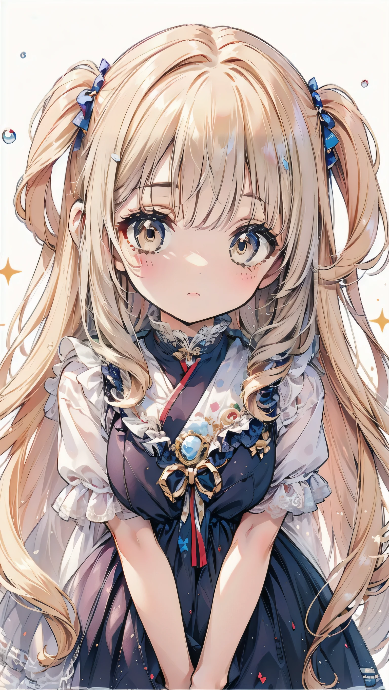 Dots are、明るいピンクの頬、she has chin-length, curly, golden blonde hair with wavy bangs.、she'dark-skinned girl, she is wearing a bright red headband with a ribbon on the right side of her head.. Dots are、she wears a shiny pastel blue and scarlet red dress with a small ribbon belt around her waist。, white collar, 4 crimson buttons, Bright red lining. sheのドレスの下には赤と淡いブルーのチュールスカートがある.. she also、Red top with white socks、she is wearing carnation pink high-top sneakers with bright red shoelaces, Shine; glitter, NSFW,