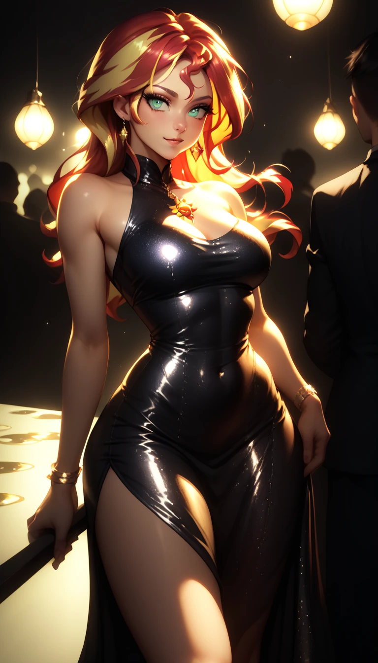 masterpiece, best quality), intricate details, 1 girl, woman, orange hair, nami \ (one piece\), (long hair), clothes, wearing evening dress, luxury nightclub, scenery, ((front view)) ((close up shot)) ((solo)), detailed, very high resolution, no blurry image, full body, orange eyes, sligh wavy hair, ((nami from one piece)) ((female nami from one piece)), (huge breasts)