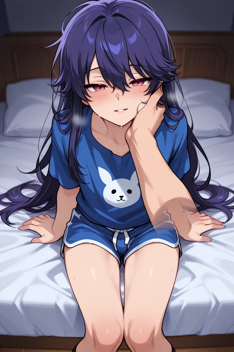 TWINK anime BOY MALE in OUJI PRINCELY clothes with shorts. Ravenette LONG Hair with length is about to knee. Make his face delicate and feminine with calm motherly expression. Make his pose a little seductive.