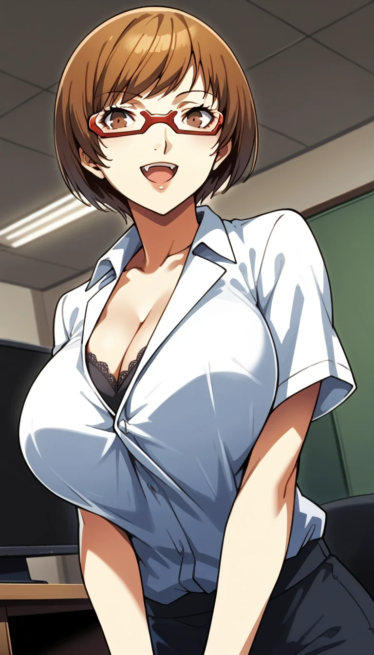 , ((High resolution)),masterpiece, high quality, 最high quality, beautiful, perfect lighting, detailed face, super cute face, ((1 girl)), ((alone), short brown hair, fluffy hair, embarrassed look, ((blush)), looking at the viewer, ((Forehead))、parted bangs、asymmetrical bangs、put your hand on your waist, standing in office, (office), daytime, dress shirt, pencil skirt, (tight clothes), (Chubby), (thigh height), (wide hips), ((thick thighs)), medium breasts, cleavage, perky chest, 24 year old female,Blue crystal bracelet-shaped transformation item