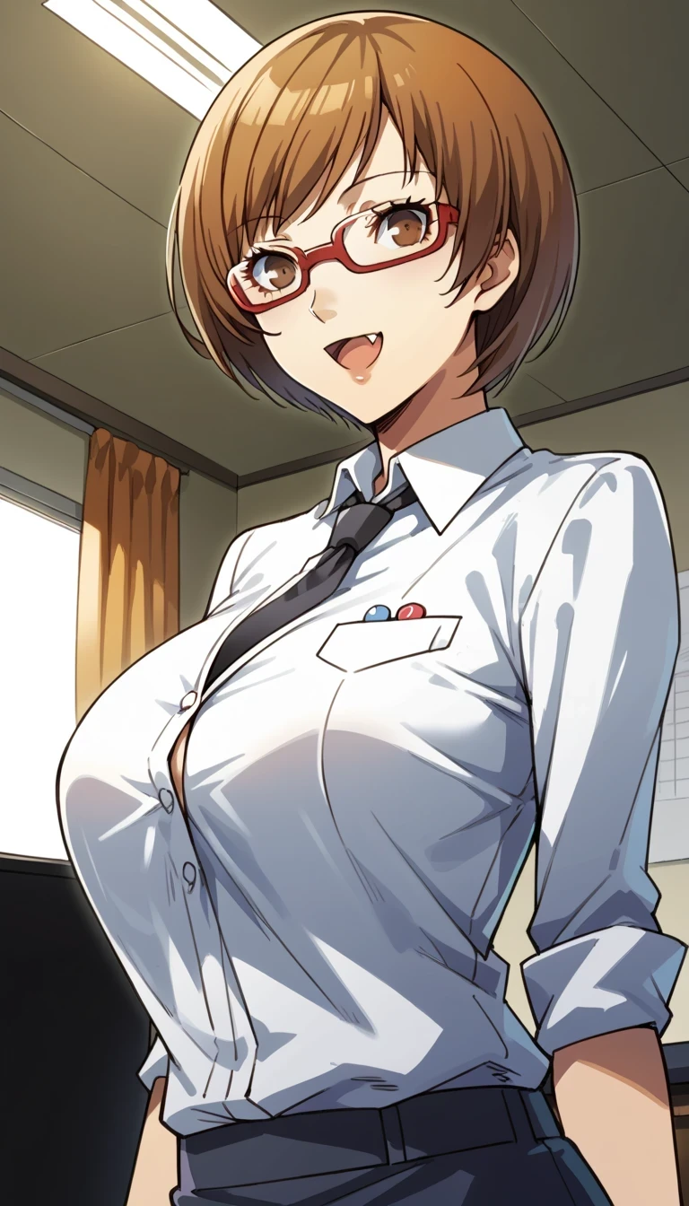 score_9, score_8_up, source_anime 1 girl, solo, cute face, p4chie, satonaka chie, short hair, brown hair,
1 girl, solo, cute faceopen mouth,fang,1girl, solo, slight smile, office lady, office room, indoors, professional light, dutch angle, gigantic breasts,bursting breasts,wear nerd glassesr,view from below,dynamic angle,pen between breasts,sexy pose