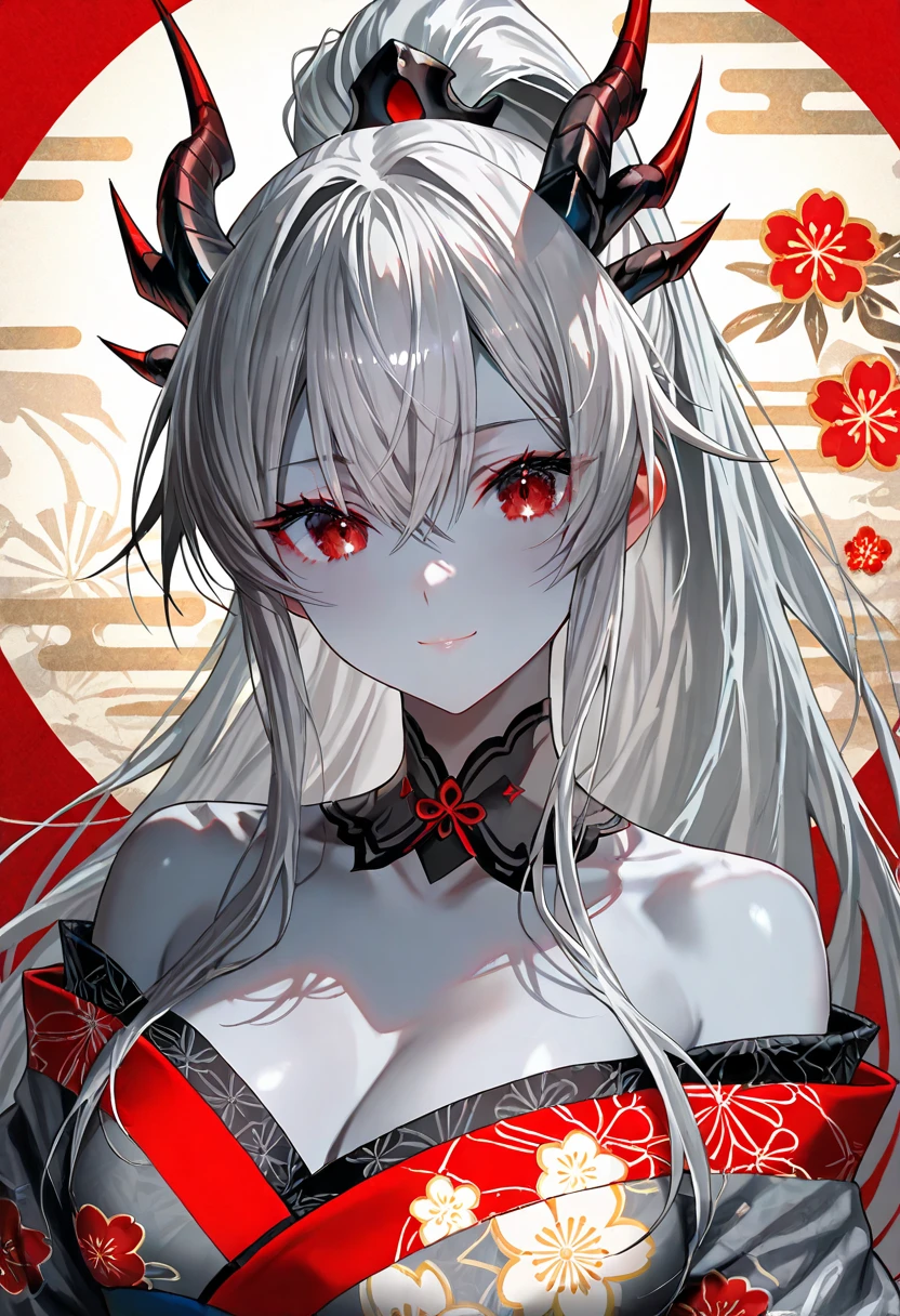 masterpiece, Best quality, high_resolution, fine details, very detailed and beautiful, distinct_image, 1个女孩, Solo, ,silver-haired,front-facing, Red eyes, (huge breasts), (), Curvaceous,torii,cherry blossom