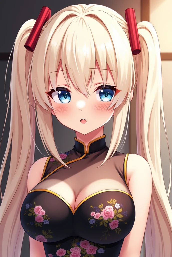 {huge breasts}, {{{masterpiece, best quality}}}, cute girl, twin tail blonde, bare shoulders, kimono