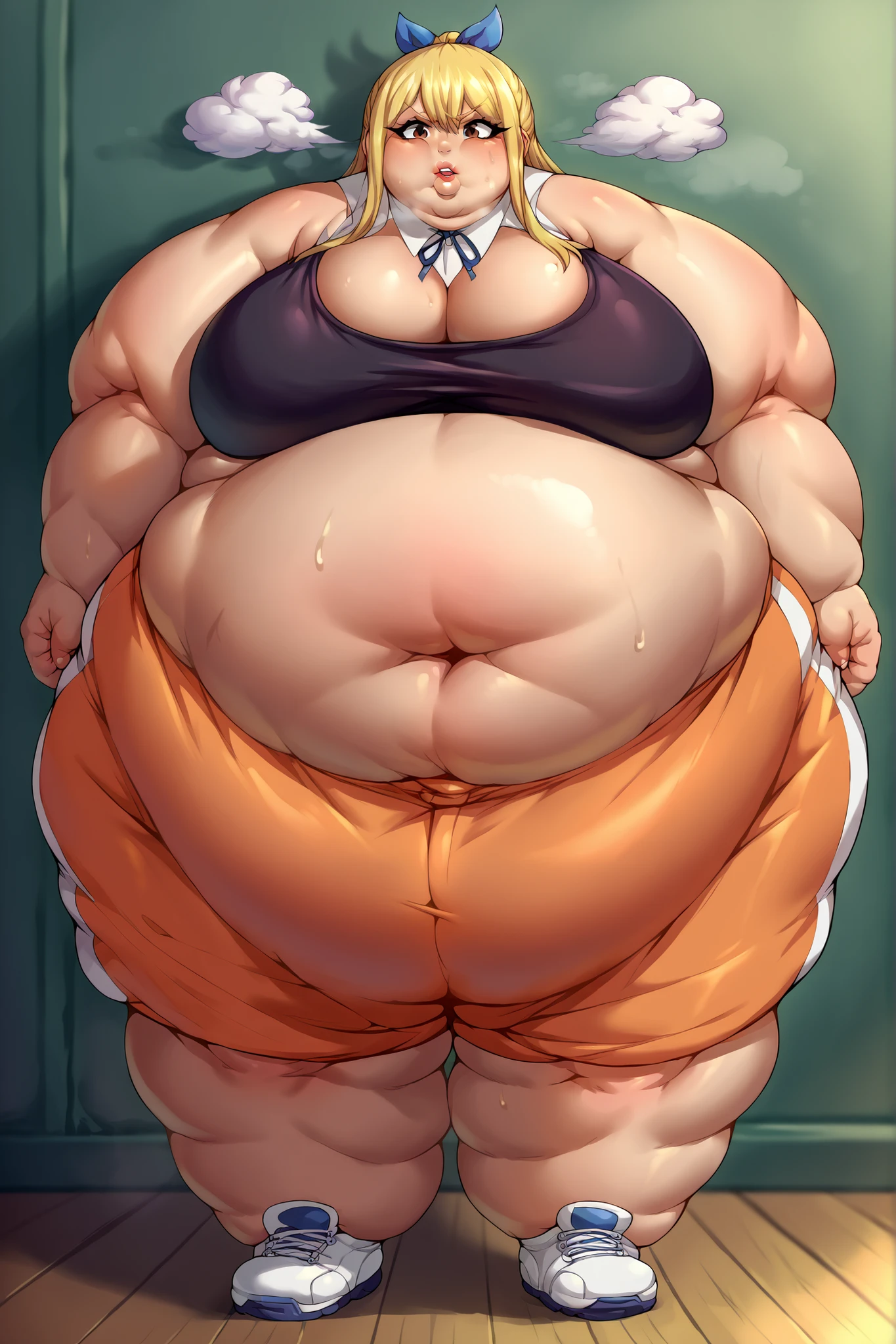 horny, blushing, holding belly, looking at viewer, flabby , giant , looking at viewer, large belly, obese, belly bursting through clothing, double chin, obesity, flabby breasts, fat arms and legs, fat everything, fat beIly, fat, ssbbw, obese, large belly, cute, pretty, parted lips, upper teeth, high quality, 1girl, solo, joyful, Yoimiya, japanese orange clothing, zoomed out:1.1, full body:1.1, entire body:1.1, (full body), detailed hands, short, straight hands,