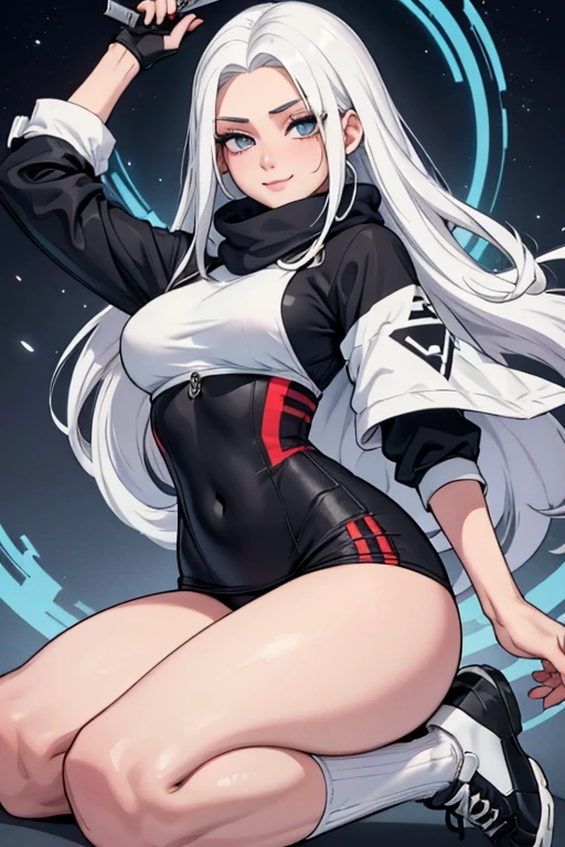 masterpiece,(bestquality),highlydetailed,ultra-detailed,cold,solo,1girl,bishoujo,stare,red eyes,beautiful detailed eyes,long hair,white hair,silver hair,Wing-like bangs,Dull hair,ahoge,Hair rings,braid,cap,Bandeau,Jacket jacket,obi strip,tight leather pants,Pants in two colors,athletic sneakers,Drink drinks,looking-down,look up at the camera