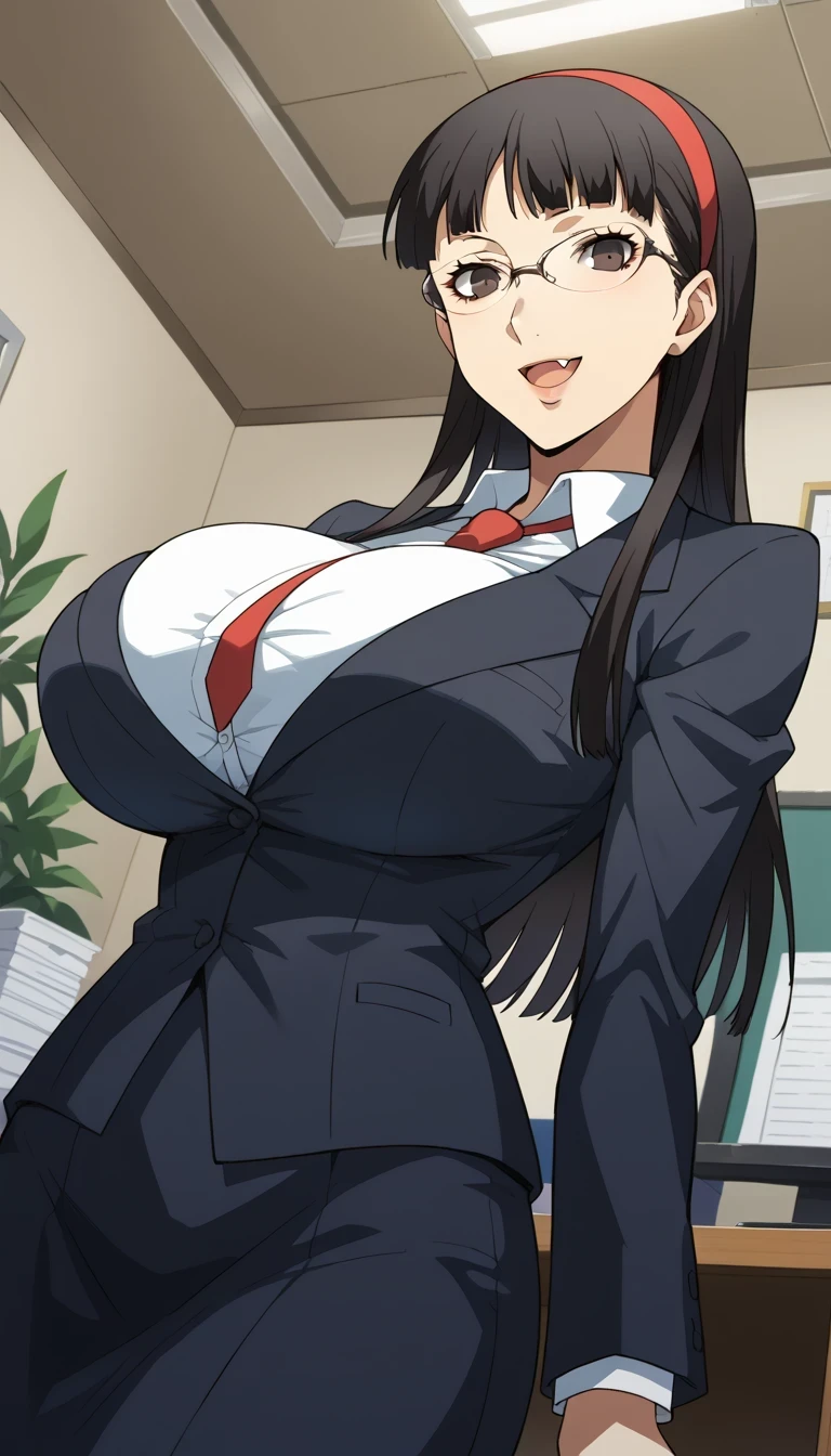 score_9, score_8_up, source_anime 1 girl, solo, cute face, p4yukiko, amagi yukiko, long hair, black hair, bangs, headband,open mouth,fang,1girl, solo, slight smile, office lady, office room, indoors, professional light, dutch angle, gigantic breasts,bursting breasts,wear nerd glassesr,view from below,dynamic angle,pen between breasts,sexy pose