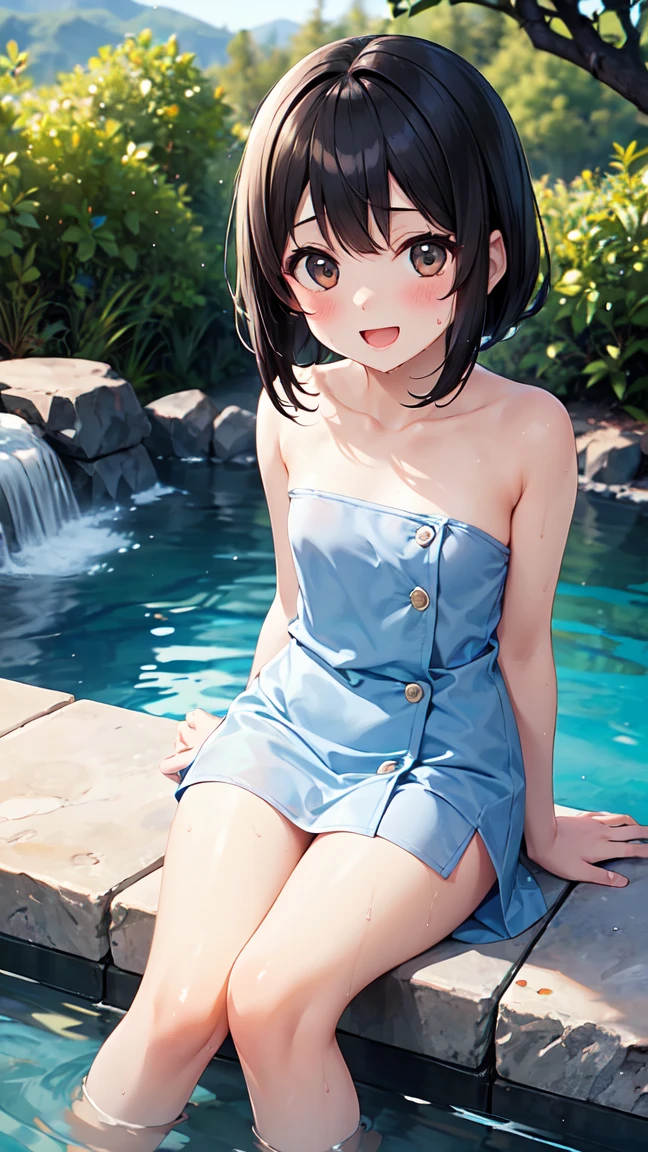 {{{Best quality}}}, {{Very detailed}}, {Illustration}, {{Very delicate and beautiful}}, ((Public pool (entrance))))), White dress, Straw hat, Hand Pool diaper changing set in plastic bag, Girl (, barefoot), Small breasts, Round face, Girl, (Toddler: 1.25), (Baby face: 1.2), Short limbs, Smile, Small breasts, Girl, ((( NSFW))), A girl sits on the floor at the pool entrance, in a very erotic position, her pussy opened with both hands, a super thick vibrator inserted inside her pussy,