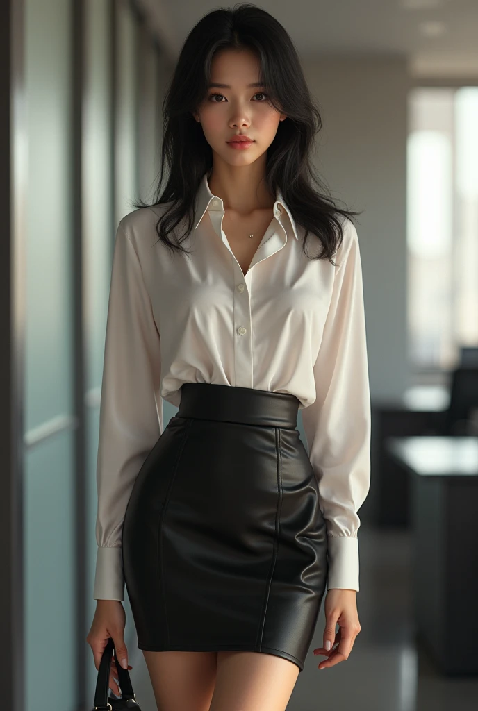 score_9, score_8_up, score_7_up, Women, 40 years old, white shirt, black tight office skirt, worried face, skinny body, digital_drawing