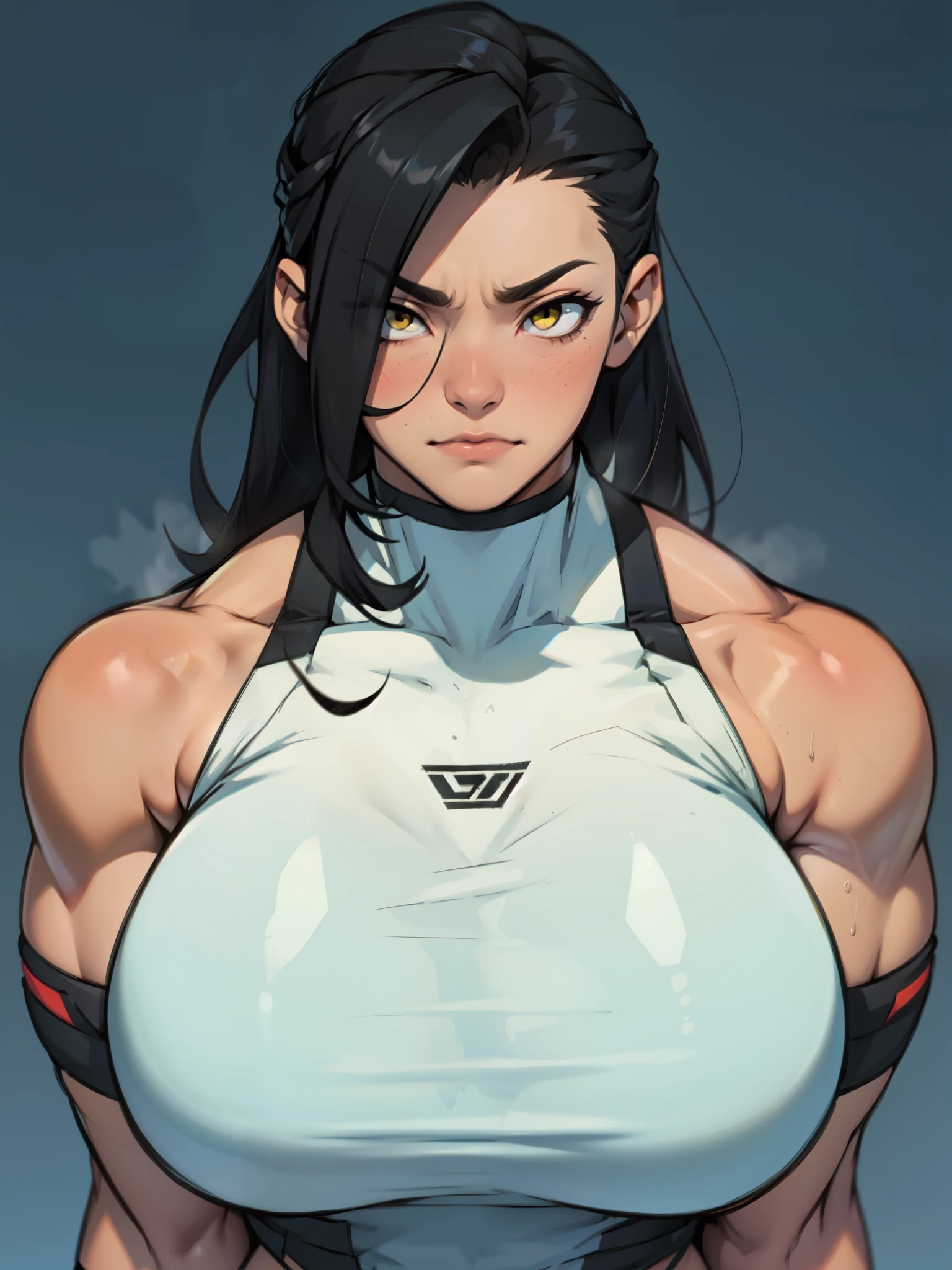 joyful gleaming eyes black hair yellow eyes pale skin sharp focus muscular girl massive breasts muscular girl solo