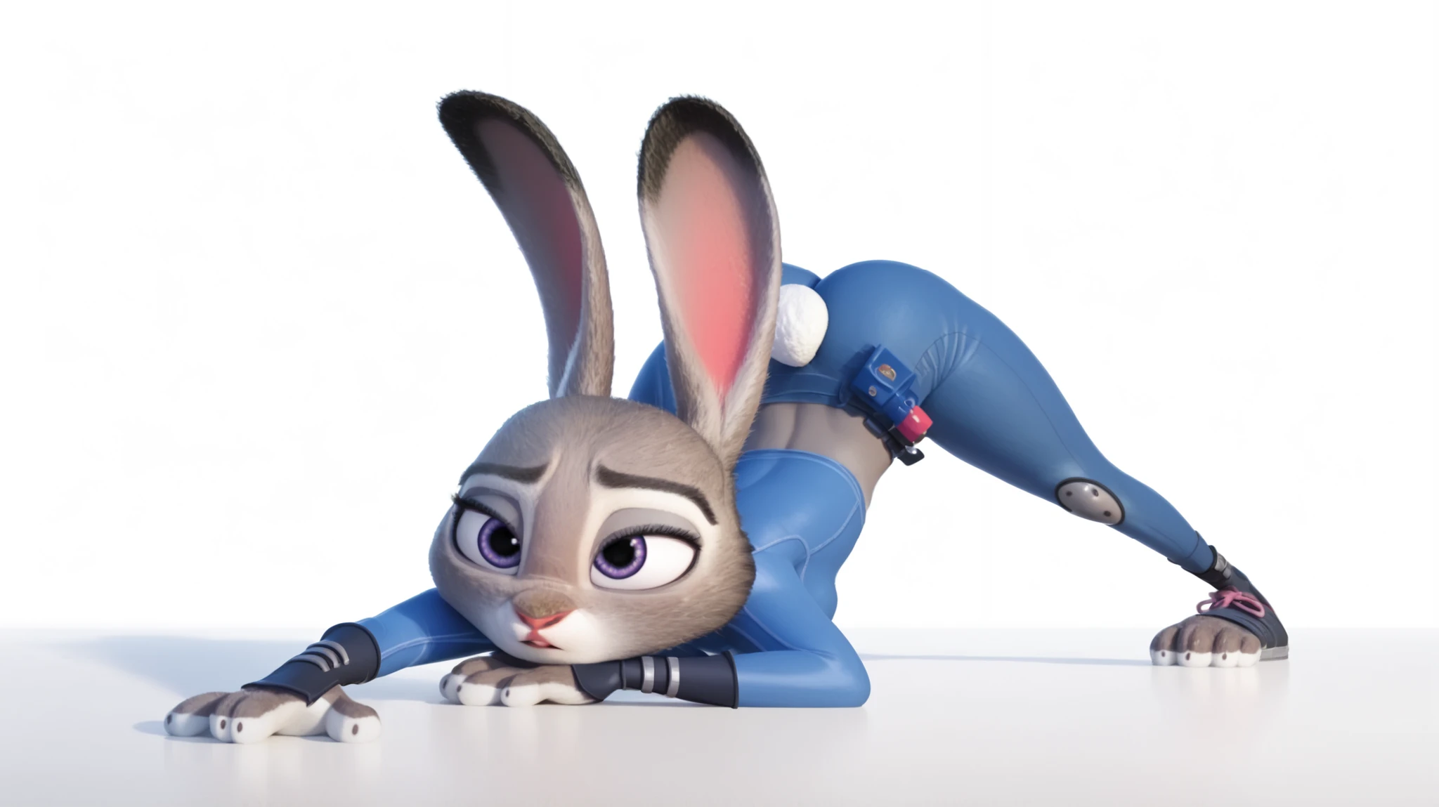score_9,score_8_up,score_7_up,1girl, :o, absurdres, judy, hopps, zootopia,humanoid bunny, bunny ears, bunny tail, bunny fur, breast_press, breasts, commentary_request, highres, jack-o'_challenge, korean_commentary, small breasts, legs, meme, parted_lips, white mini top, midriff, micro blue shorts, knee high white socks, judt hopps_\(zootopia \), shoes, simple_background, sketch, sneakers, solo, top-down_bottom-up, unfinished, white_background, perfect anatomy, correct anatomy, wide stance,