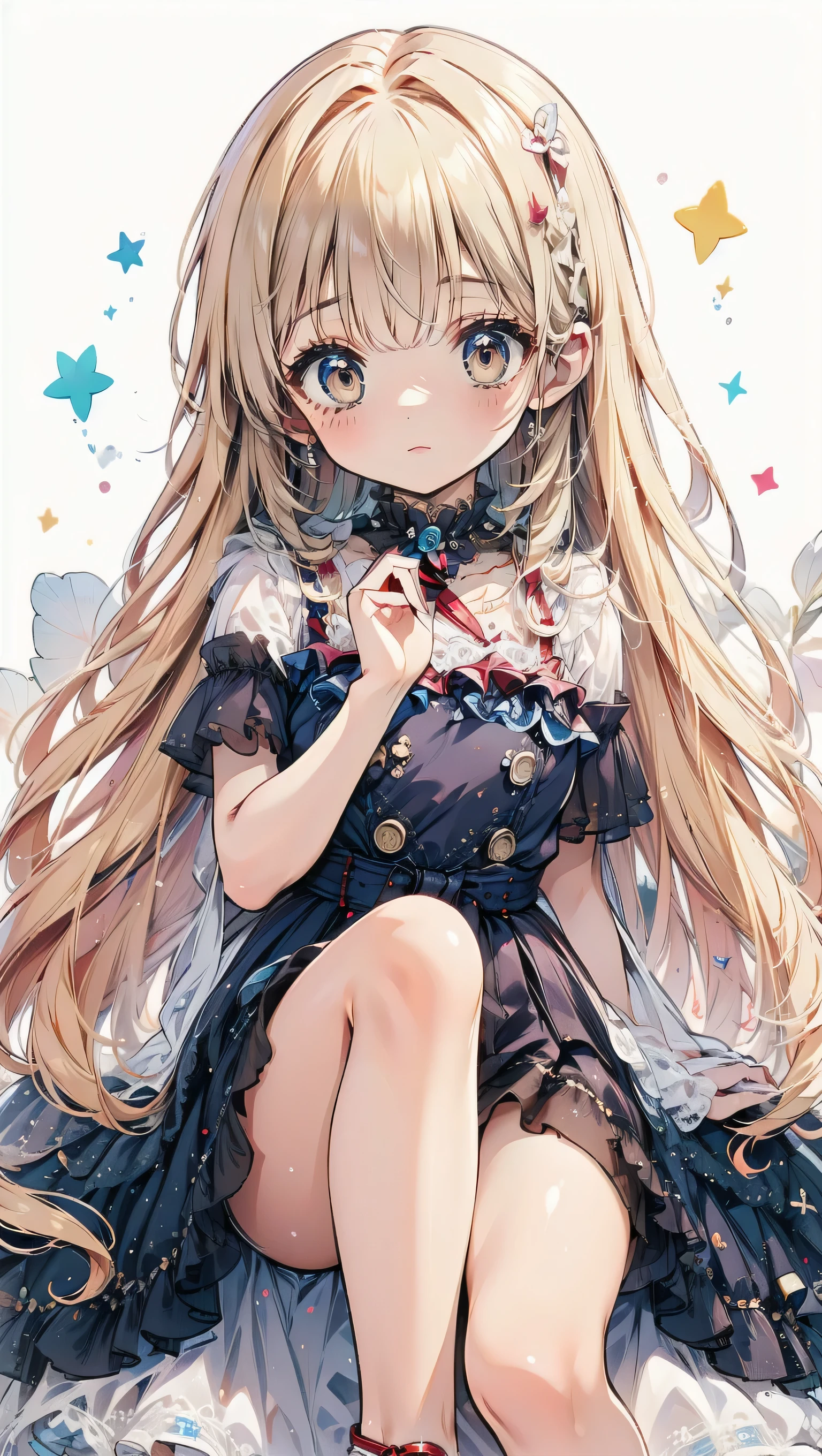 Dots are、明るいピンクの頬、she has chin-length, curly, golden blonde hair with wavy bangs.、she'dark-skinned girl, she is wearing a bright red headband with a ribbon on the right side of her head.. Dots are、she wears a shiny pastel blue and scarlet red dress with a small ribbon belt around her waist。, white collar, 4 crimson buttons, Bright red lining. sheのドレスの下には赤と淡いブルーのチュールスカートがある.. she also、Red top with white socks、she is wearing carnation pink high-top sneakers with bright red shoelaces, Shine; glitter, NSFW,