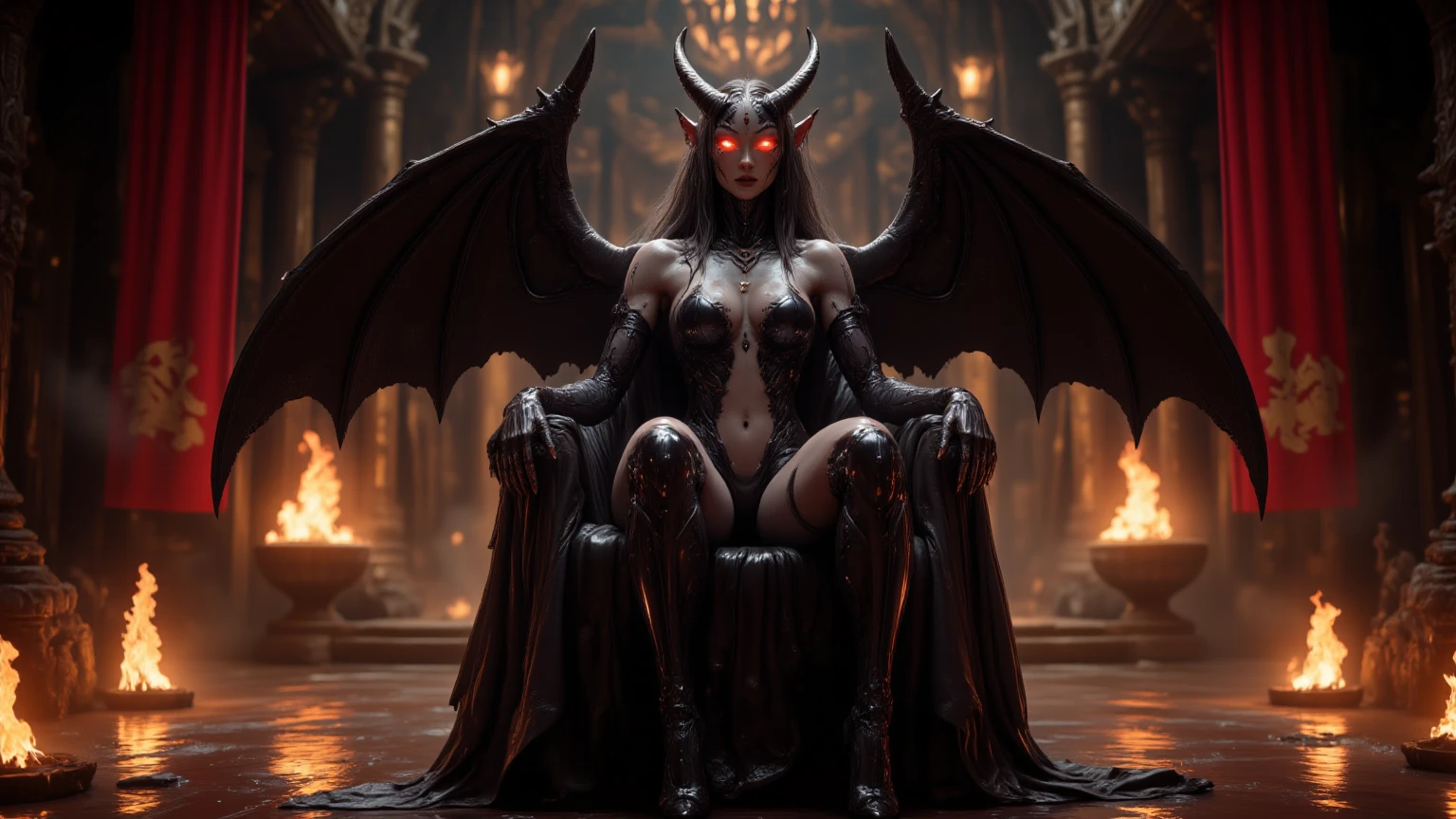 Lilith inside a church, fire, lightning, blood, full body, R 18, Full Naked Body, The shy half-squatted in front of him, his legs spread,  in the style of D14bl0