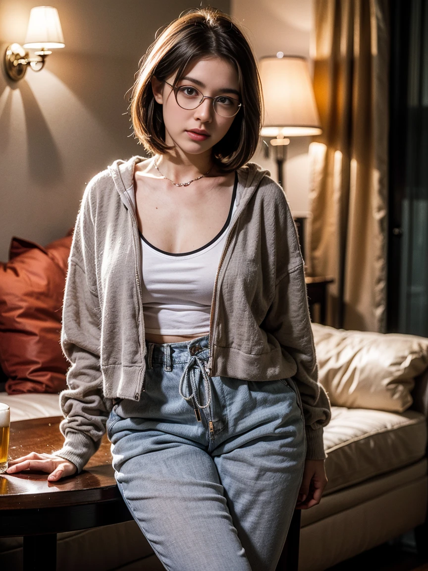(masterpiece, photorealistic:1.4, extremely intricate:1.3), (photon mapping, radiosity, physically based rendering, ultra resolution, hyper-realistic, photorealistic:1.4, hyper-realistic, 8K), ((detailed athlete woman, (25 years, soft loose red black print shirt, unbuttoned, decolletage, jeans, [ginger hair:dark hair:0.2], touseled hair, [medium breasts:small breasts:0.8]), sitting, velvet couch, ([clear eyes:blue eyes:0.6], necklace, glasses), [makeup:natural:0.5], elegant:1.1), BREAK, (((bokeh, Fujifilm, volumetric dim)))