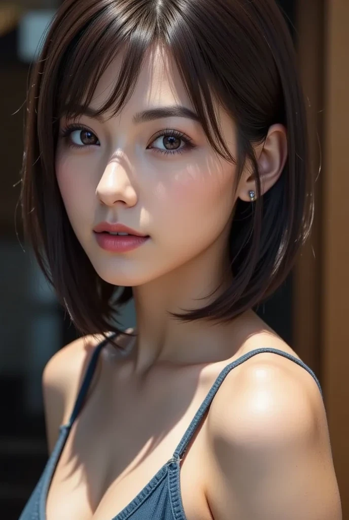 masuter piece、top-quality、hight resolution、Raw photo、realisitic、Bright lighting、face lights、Smooth professional lighting、Women in Japan、Quarters、big sister、adult lady、Beautuful Women、女優、modeled、gravure、A sexy、unclear、Super beautiful、Realistic and beautiful skin、Beautiful and detailed eyes、A detailed face、slim、medium large breasts、short medium hair、brunette color hair、komono