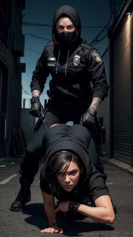 A large woman with black hair, blue shirt, sitting and looking over her shoulder. He wears ripped jeans and knee-high boots. Miniature soldiers are depicted rappelling down his clothing, and some on the ground point guns at him. Multiple explosions and signs of conflict are seen near the pockets of his jeans. The scene is dramatic and combines elements of fantasy and action.