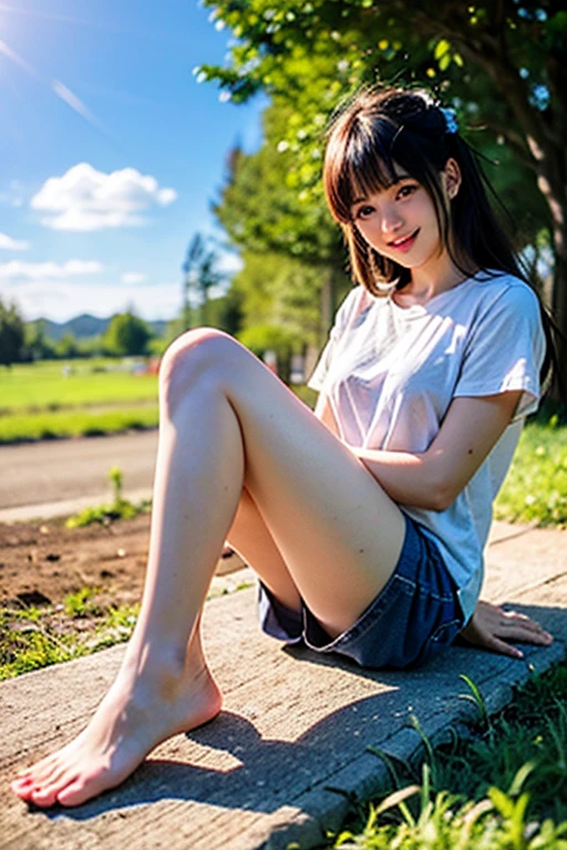 seed:4195271995,((Full Body Angle:1.1)),((Highest quality, 8K, masterpiece: 1.3)), concentrated: 1.2,Front hair:1.3, Cute girl 1,Nipples erect、 Perfect beauty: 1.4,Colorful ribbed knit half-zip T-shirt、Shorts,: 1.2,Randall Color、comics&Text Graphics、Black,1.1, Highly detailed face and skin textures, Fine grain, double eyelid, whitening skin, ,Highest quality,Ultra-high resolution,you,1 girl,alone,_Shiny_skin,Iris,necklace,((brown_length_Wavy_hair)),(lips)),eyelash,Front hair,deal with,compensate,Shiny,pore,skin big breasts、smiling face、Front hair、Walking in the park、walk