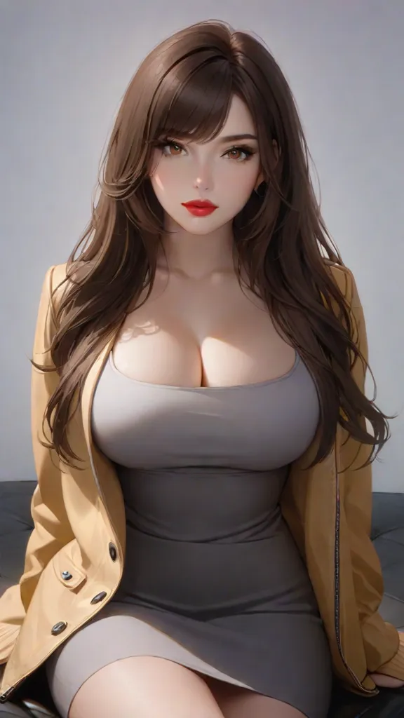 Lucy Pinder, portrait, Face portrait, smiling, voluptuous, cleavage, red lips, straight hair, brown hair, long-sleeved blouse, buttoned blouse, white blouse, leather pants, mustard pants.